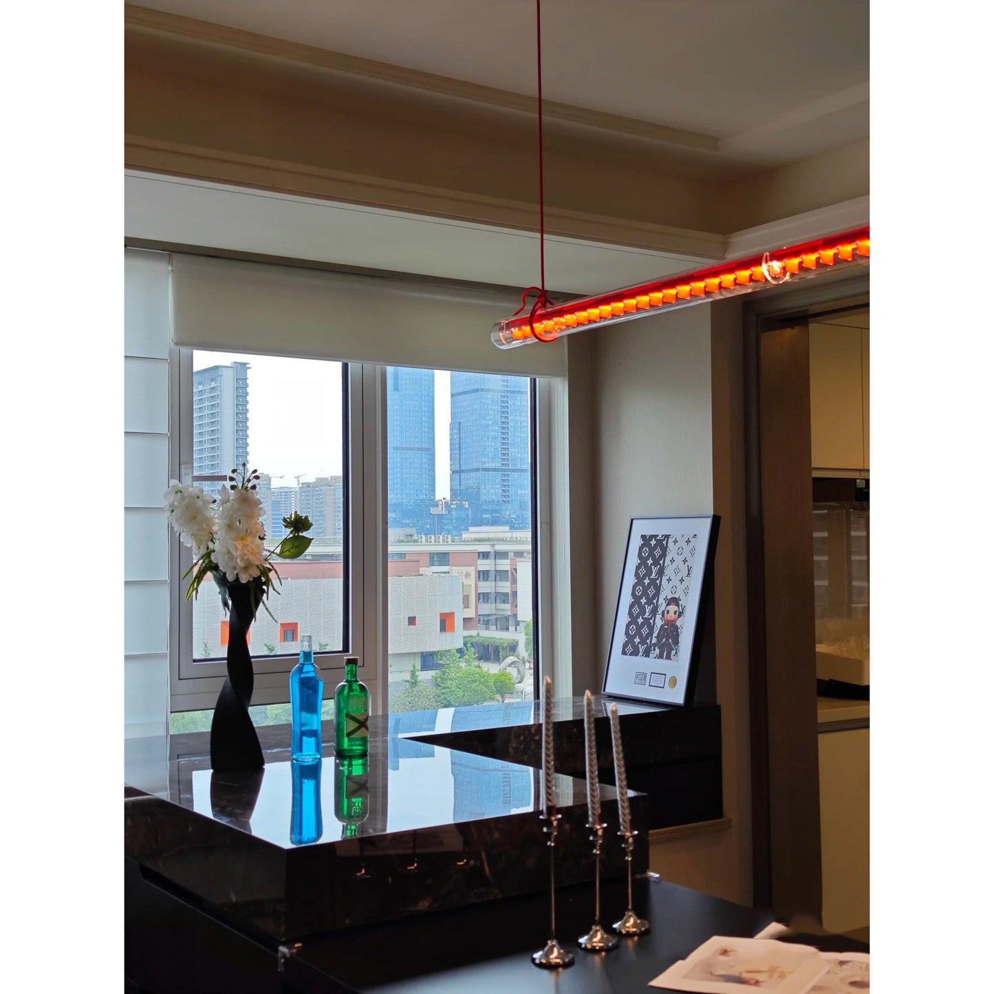 Tubular Linear LED Pendant Lamp - Fire-Polished Glass Tube Linear Light | Modern Kitchen Island & Office Pendant