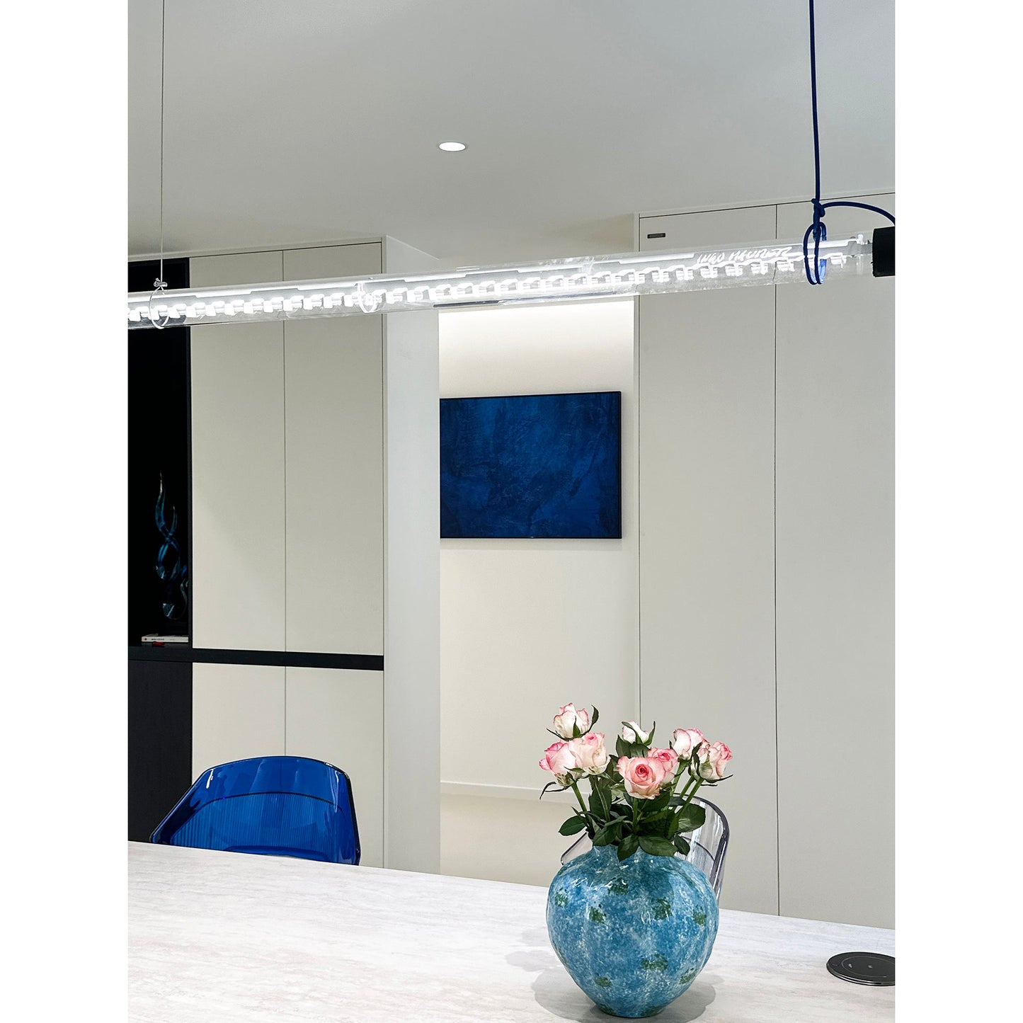 Tubular Linear LED Pendant Lamp - Fire-Polished Glass Tube Linear Light | Modern Kitchen Island & Office Pendant