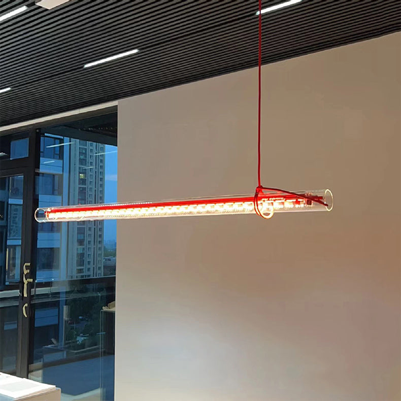 Tubular Linear LED Pendant Lamp - Fire-Polished Glass Tube Linear Light | Modern Kitchen Island & Office Pendant