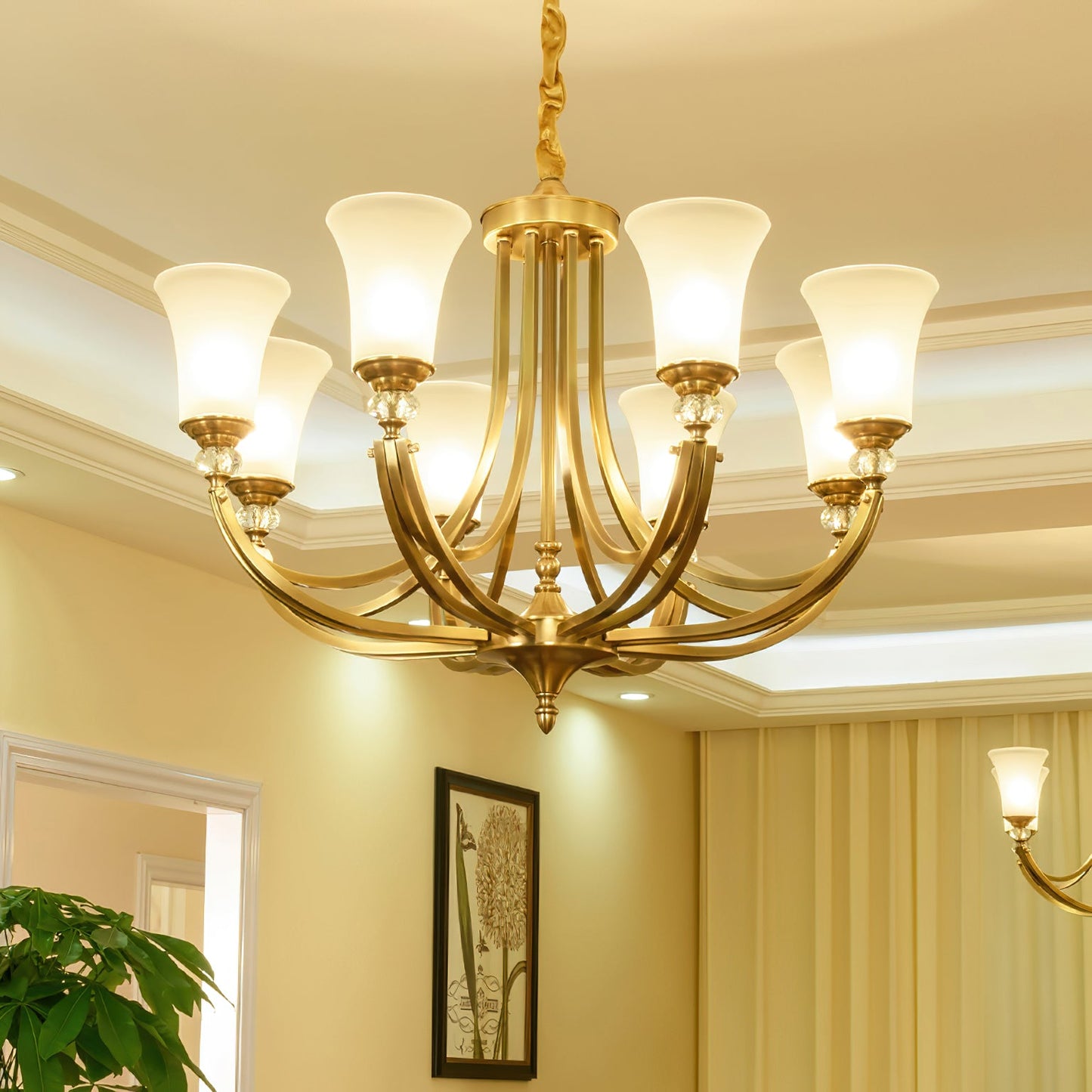 Tuileries Glass Chandelier - Polished Brass & White Glass Shade Pendant Light | Modern French Elegance Chandelier