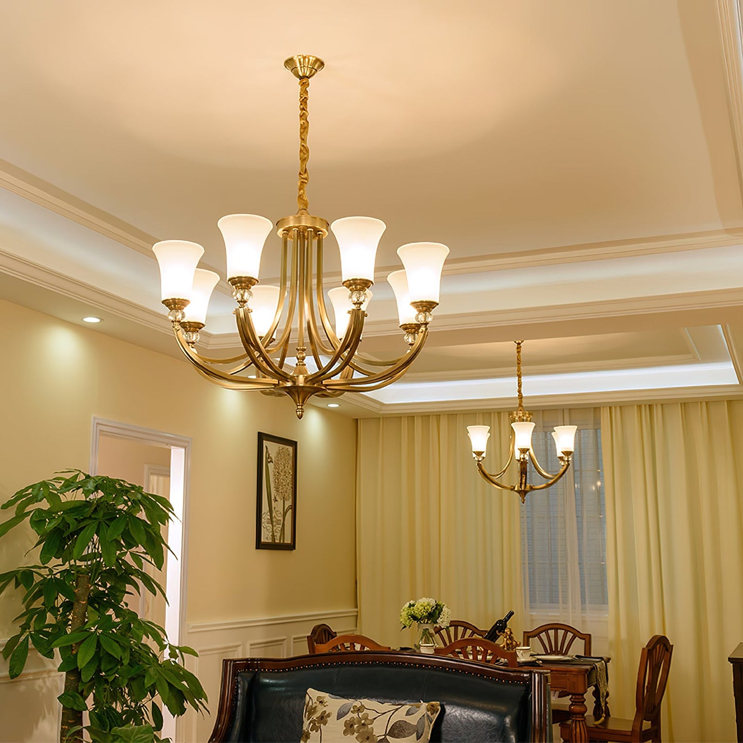 Tuileries Glass Chandelier - Polished Brass & White Glass Shade Pendant Light | Modern French Elegance Chandelier