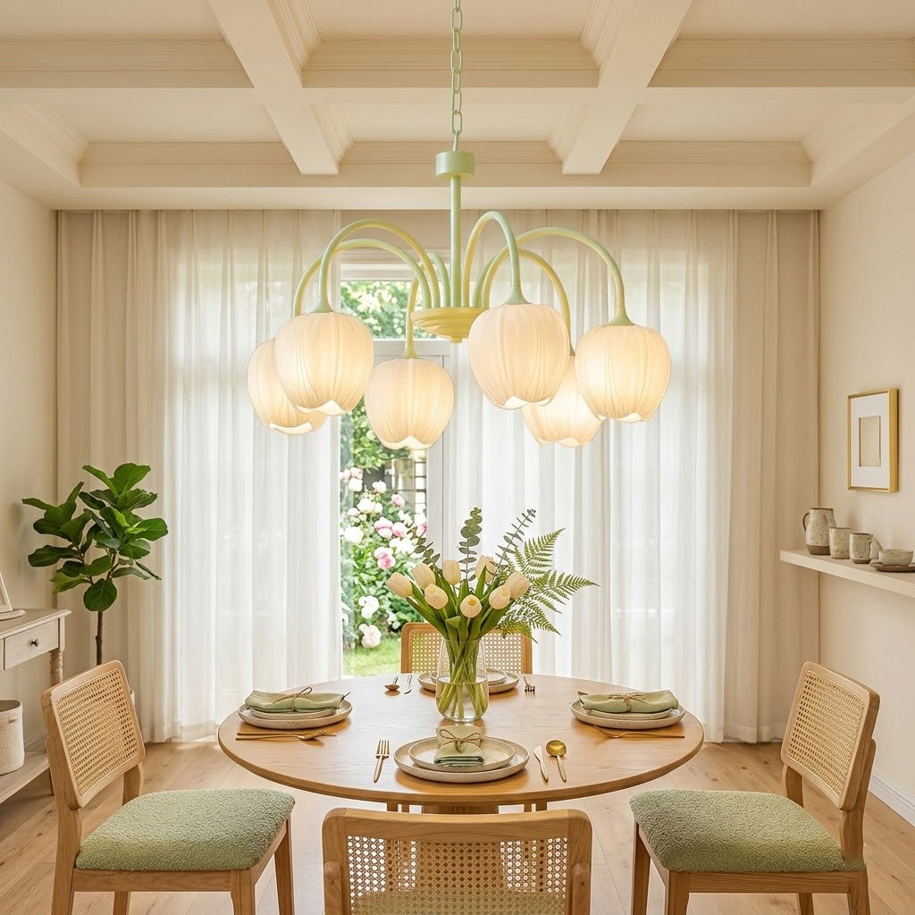 Tulip Matcha Chandelier - Fresh Matcha Green & Creamy White Glass Pendant | Modern Spring Floral Chandelier