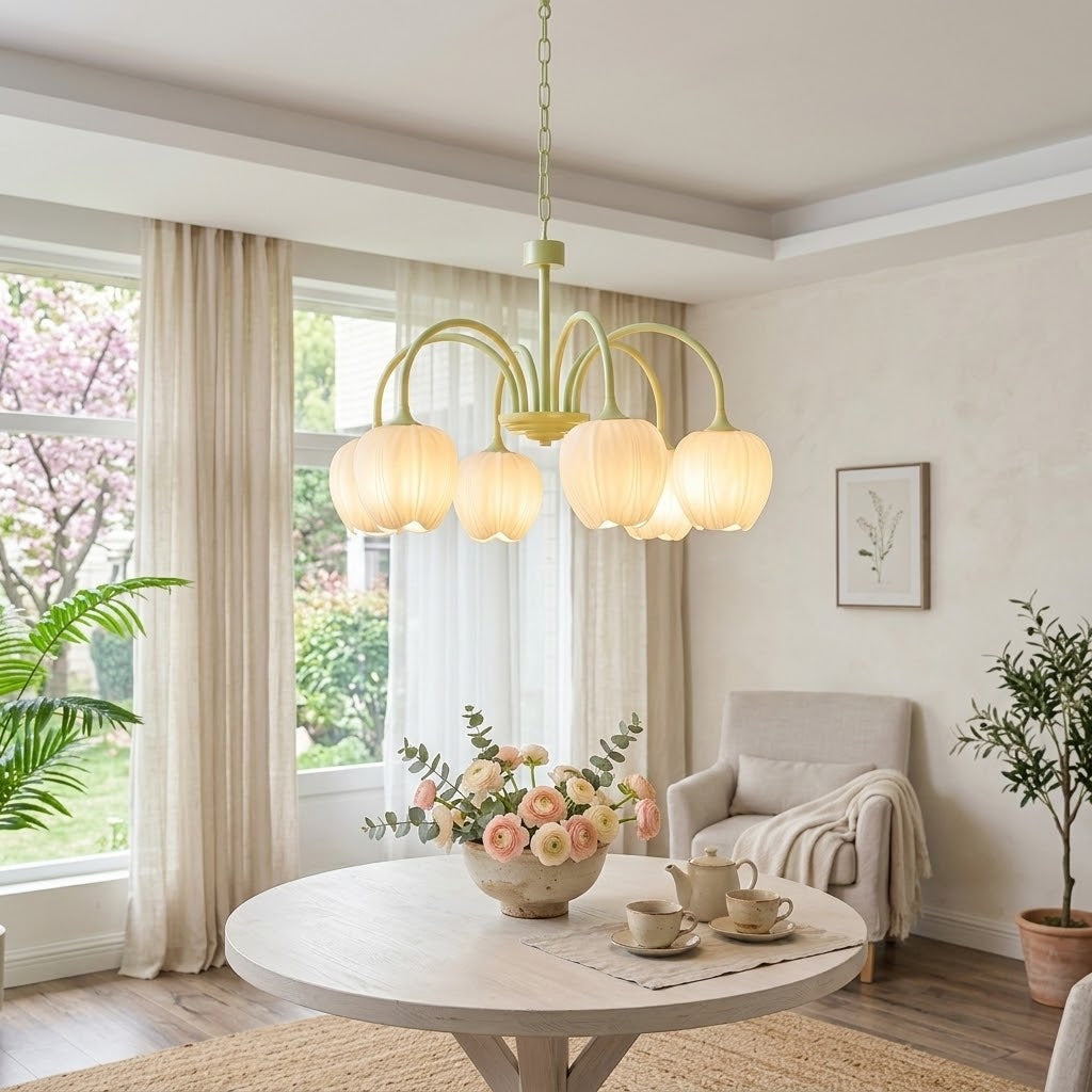 Tulip Matcha Chandelier - Fresh Matcha Green & Creamy White Glass Pendant | Modern Spring Floral Chandelier