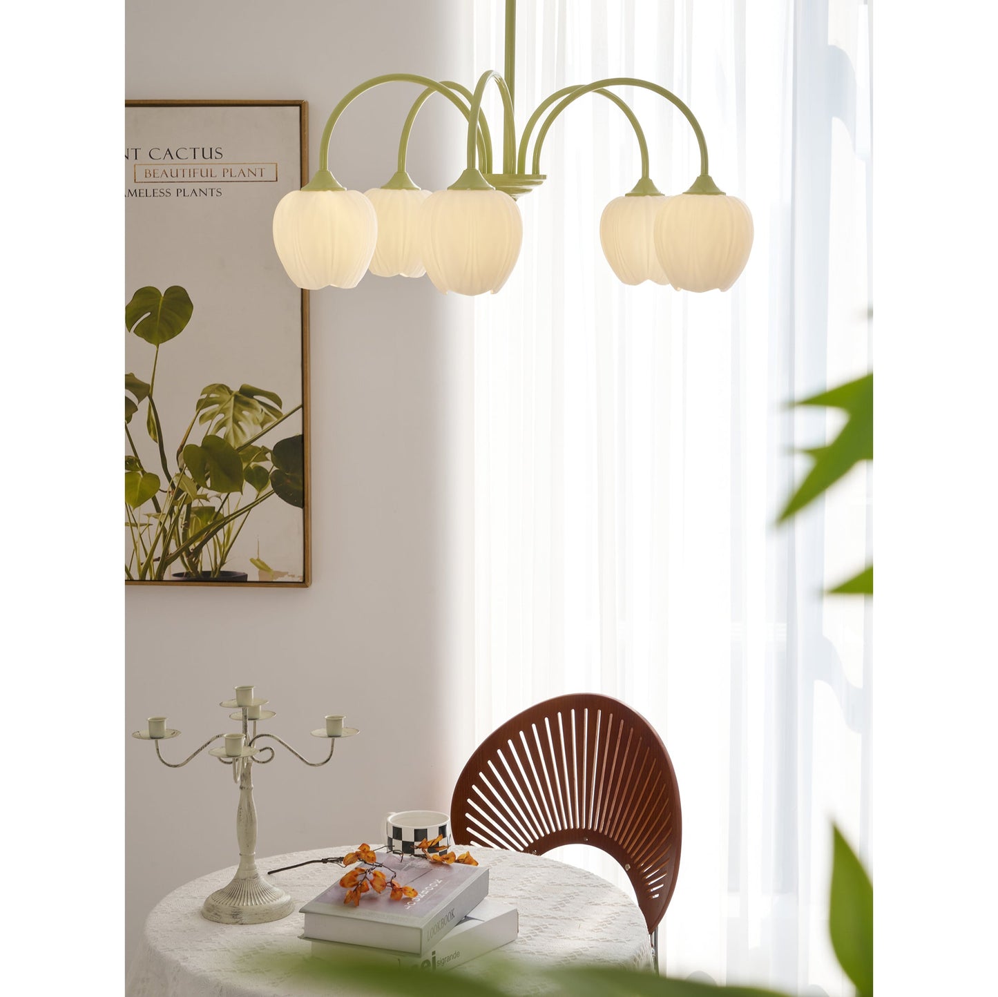 Tulip Matcha Chandelier - Fresh Matcha Green & Creamy White Glass Pendant | Modern Spring Floral Chandelier