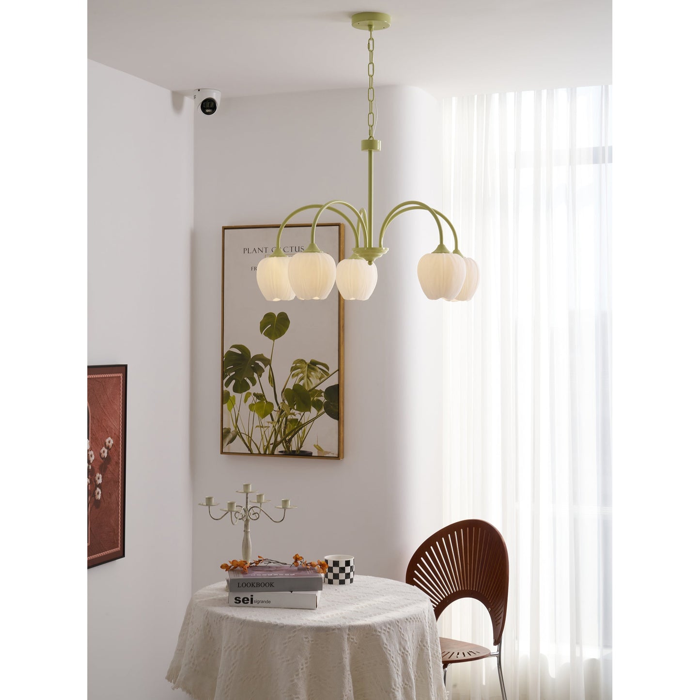 Tulip Matcha Chandelier - Fresh Matcha Green & Creamy White Glass Pendant | Modern Spring Floral Chandelier