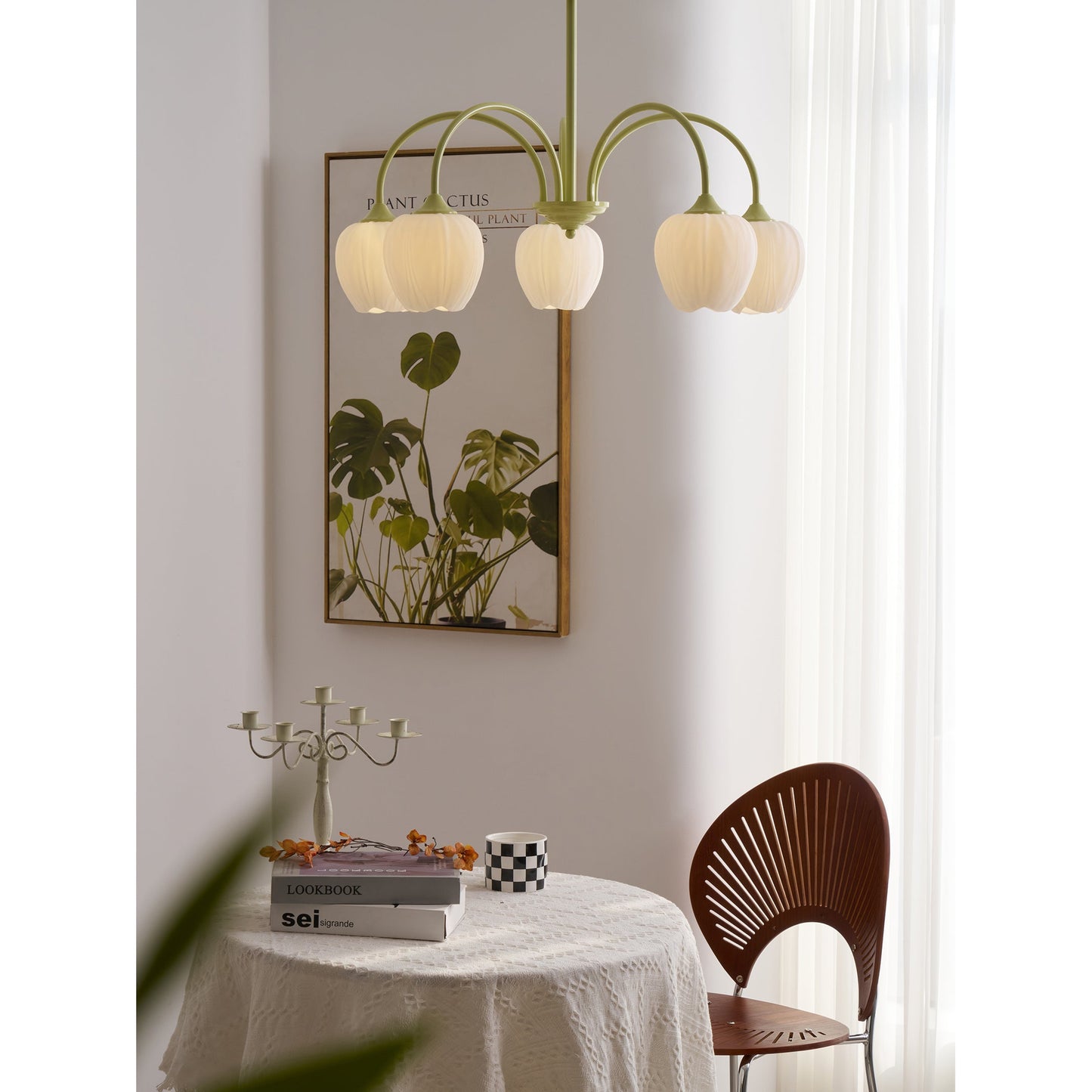 Tulip Matcha Chandelier - Fresh Matcha Green & Creamy White Glass Pendant | Modern Spring Floral Chandelier