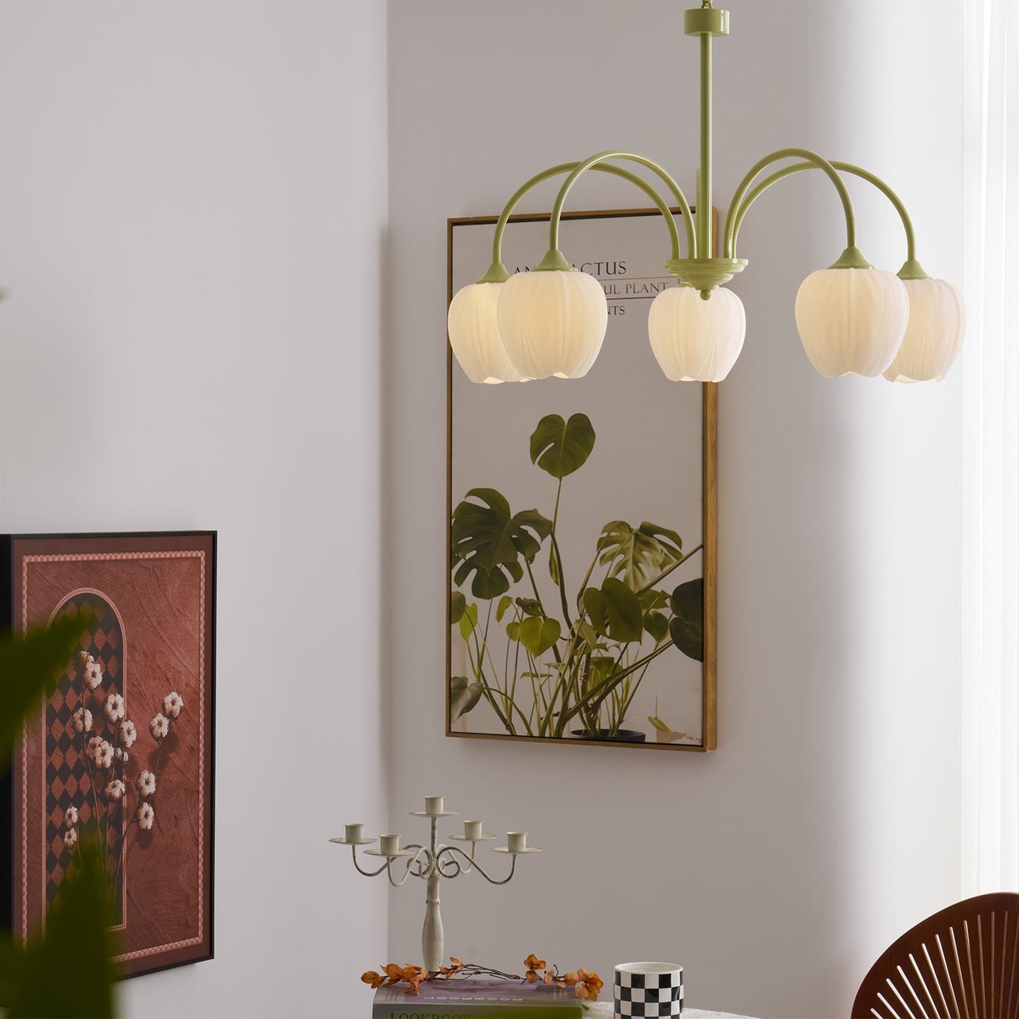Tulip Matcha Chandelier - Fresh Matcha Green & Creamy White Glass Pendant | Modern Spring Floral Chandelier