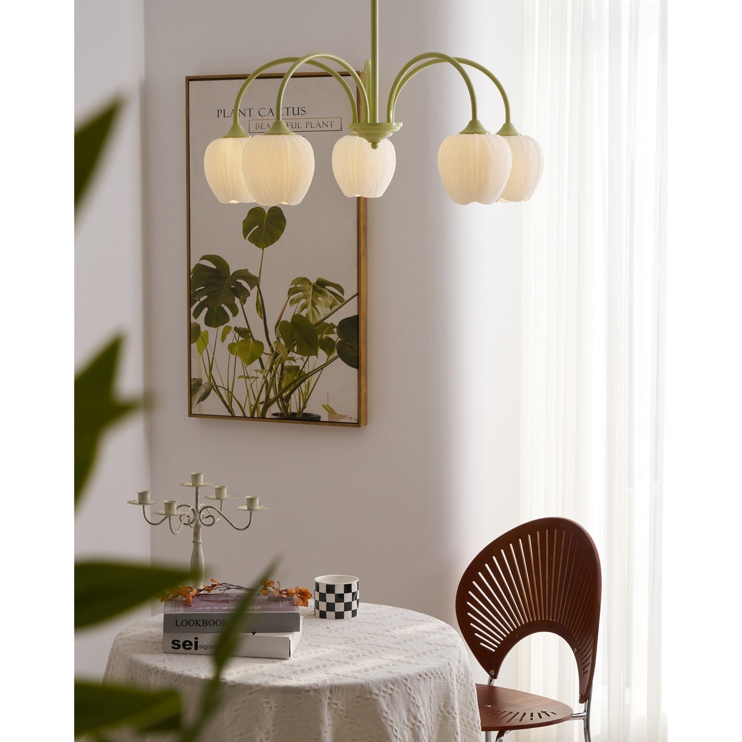 Tulip Matcha Chandelier - Fresh Matcha Green & Creamy White Glass Pendant | Modern Spring Floral Chandelier