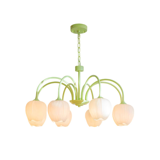 Tulip Matcha Chandelier - Fresh Matcha Green & Creamy White Glass Pendant | Modern Spring Floral Chandelier