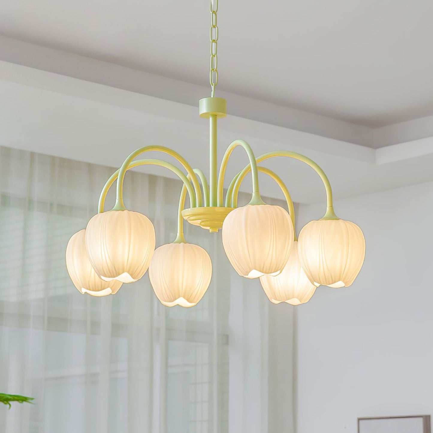 Tulip Matcha Chandelier - Fresh Matcha Green & Creamy White Glass Pendant | Modern Spring Floral Chandelier