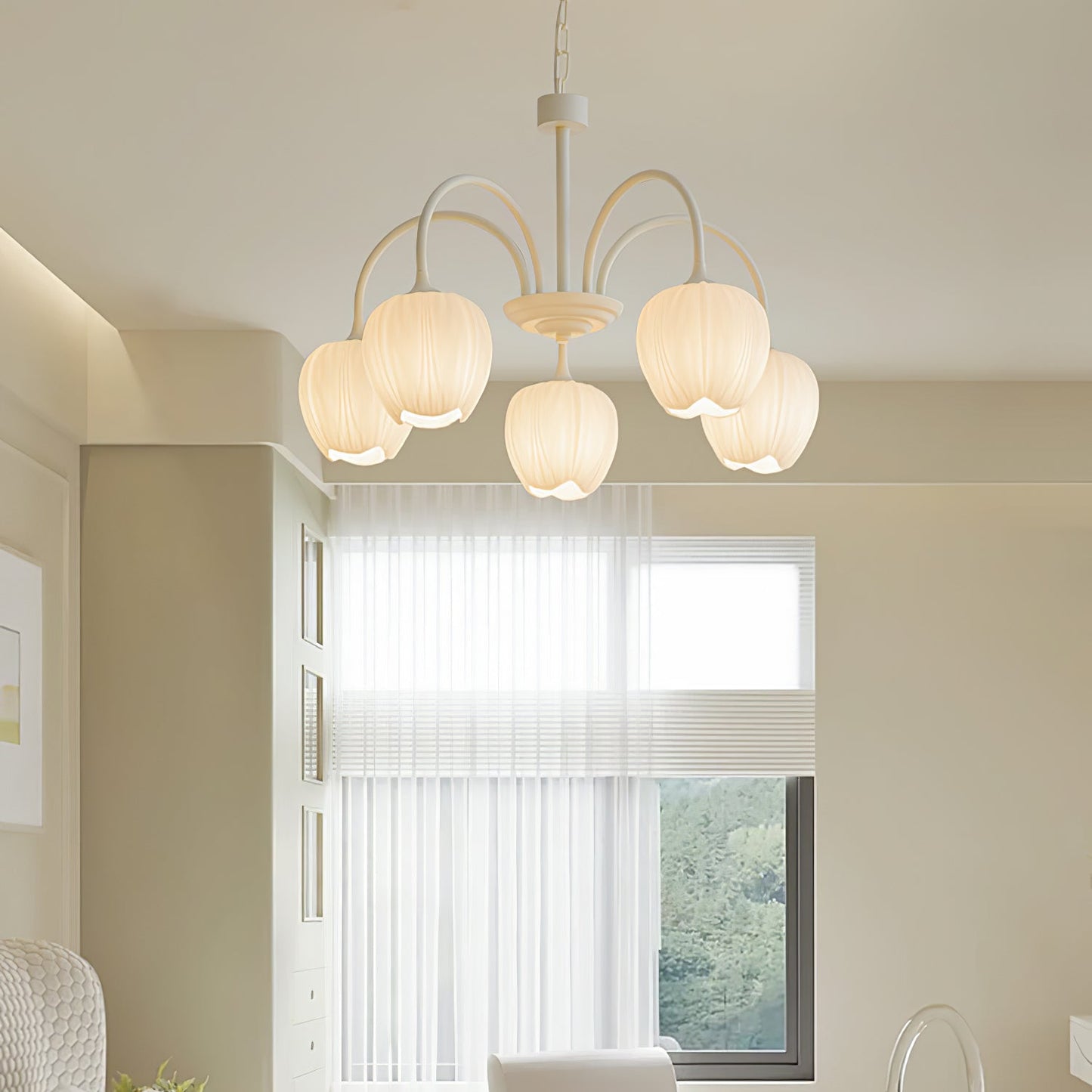 Tulip Matcha Chandelier - Fresh Matcha Green & Creamy White Glass Pendant | Modern Spring Floral Chandelier