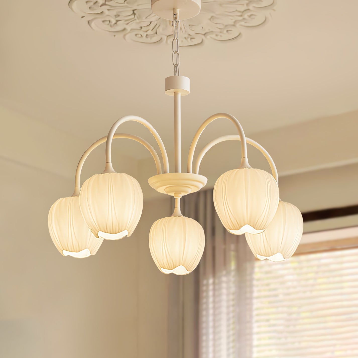 Tulip Matcha Chandelier - Fresh Matcha Green & Creamy White Glass Pendant | Modern Spring Floral Chandelier