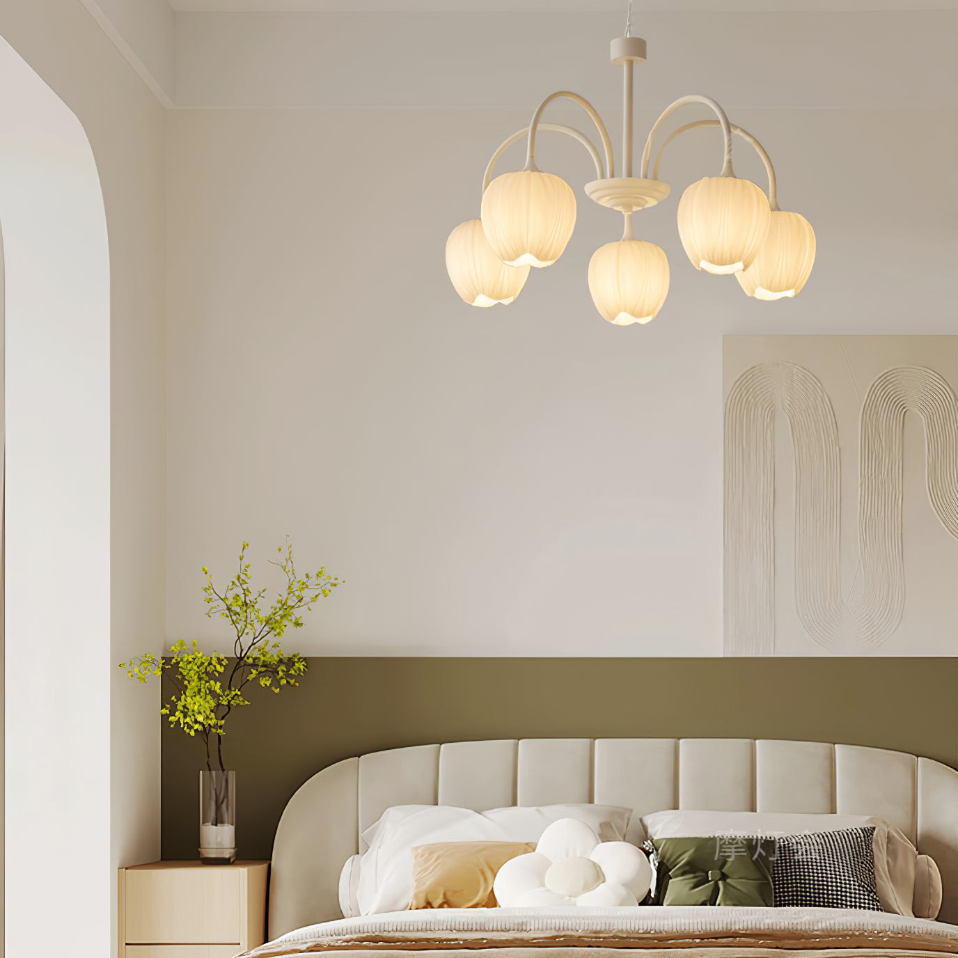 Tulip Matcha Chandelier - Fresh Matcha Green & Creamy White Glass Pendant | Modern Spring Floral Chandelier