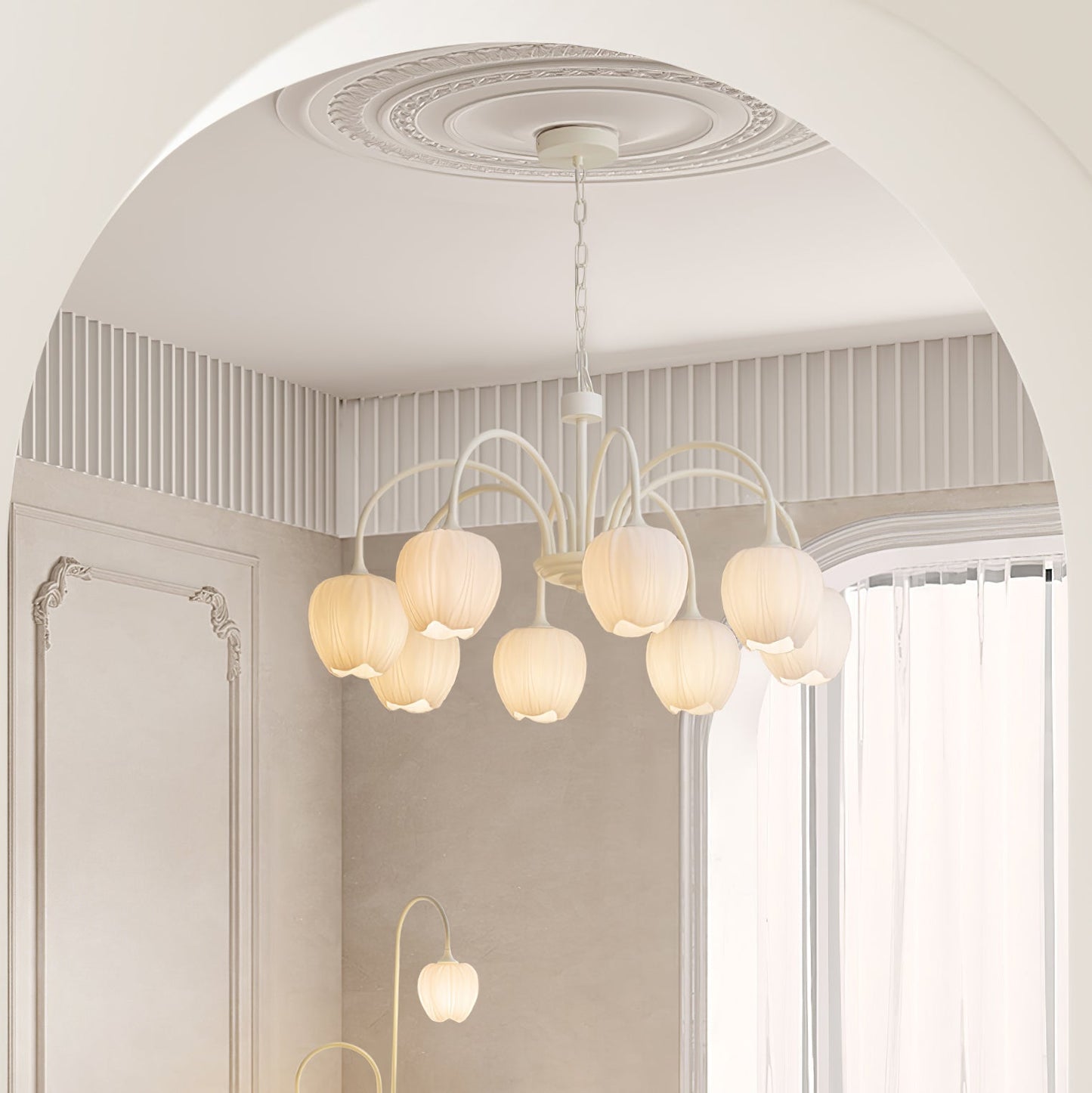 Tulip Matcha Chandelier - Fresh Matcha Green & Creamy White Glass Pendant | Modern Spring Floral Chandelier