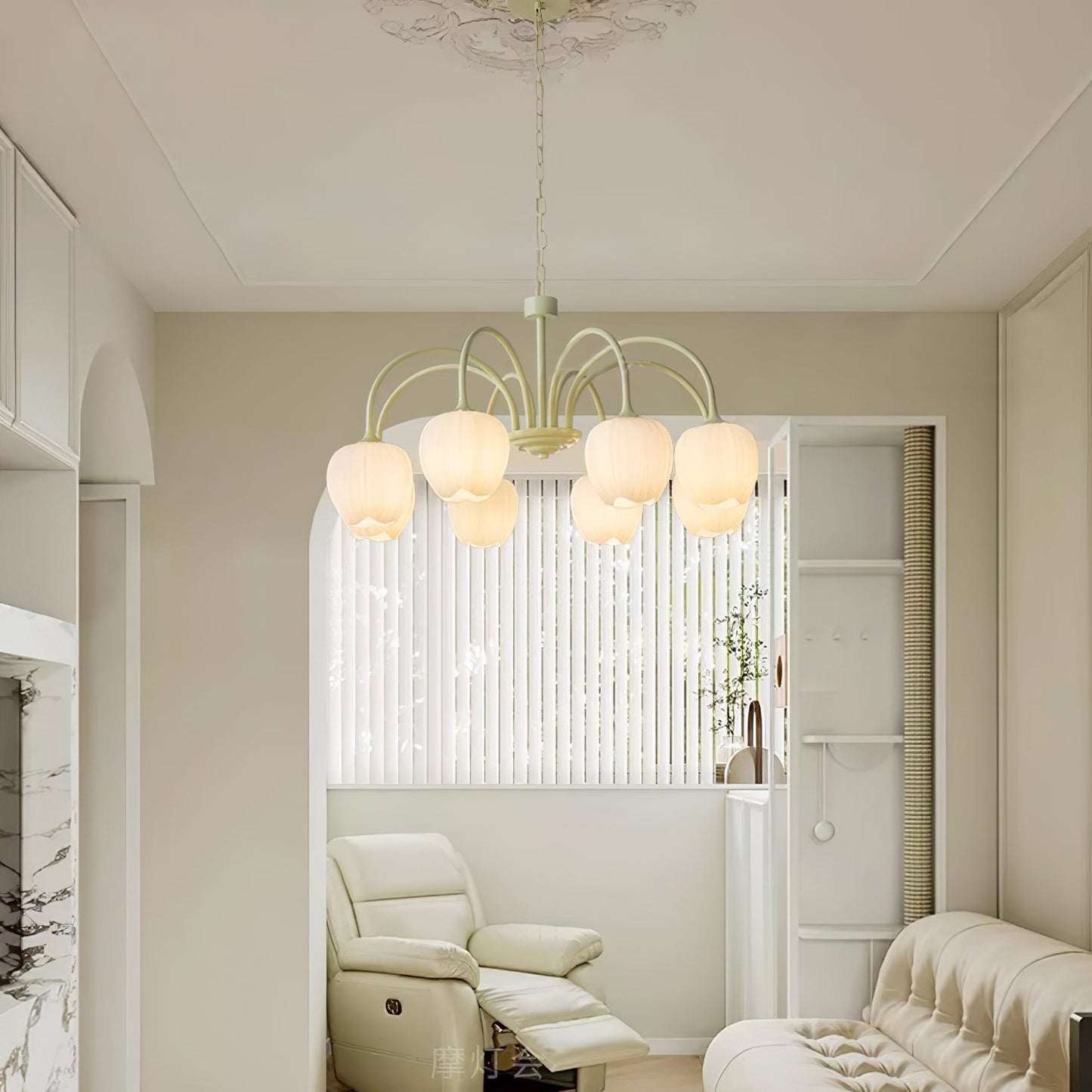 Tulip Matcha Chandelier - Fresh Matcha Green & Creamy White Glass Pendant | Modern Spring Floral Chandelier