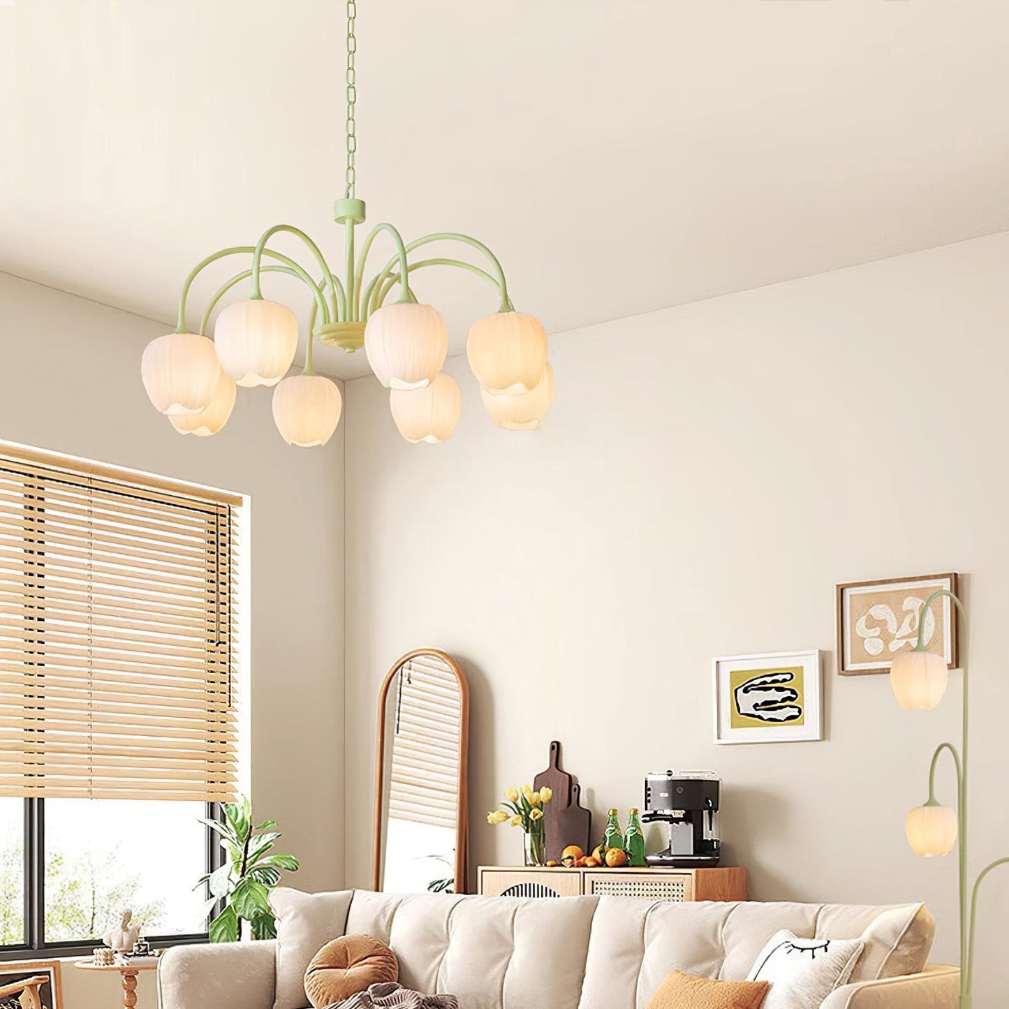 Tulip Matcha Chandelier - Fresh Matcha Green & Creamy White Glass Pendant | Modern Spring Floral Chandelier