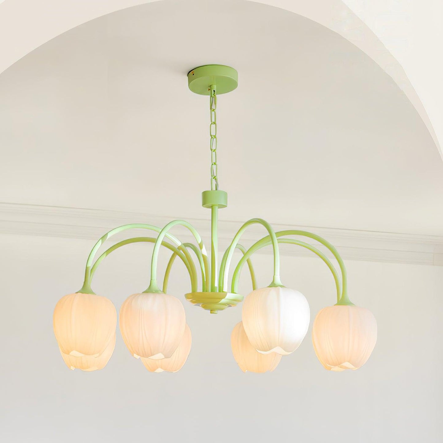Tulip Matcha Chandelier - Fresh Matcha Green & Creamy White Glass Pendant | Modern Spring Floral Chandelier