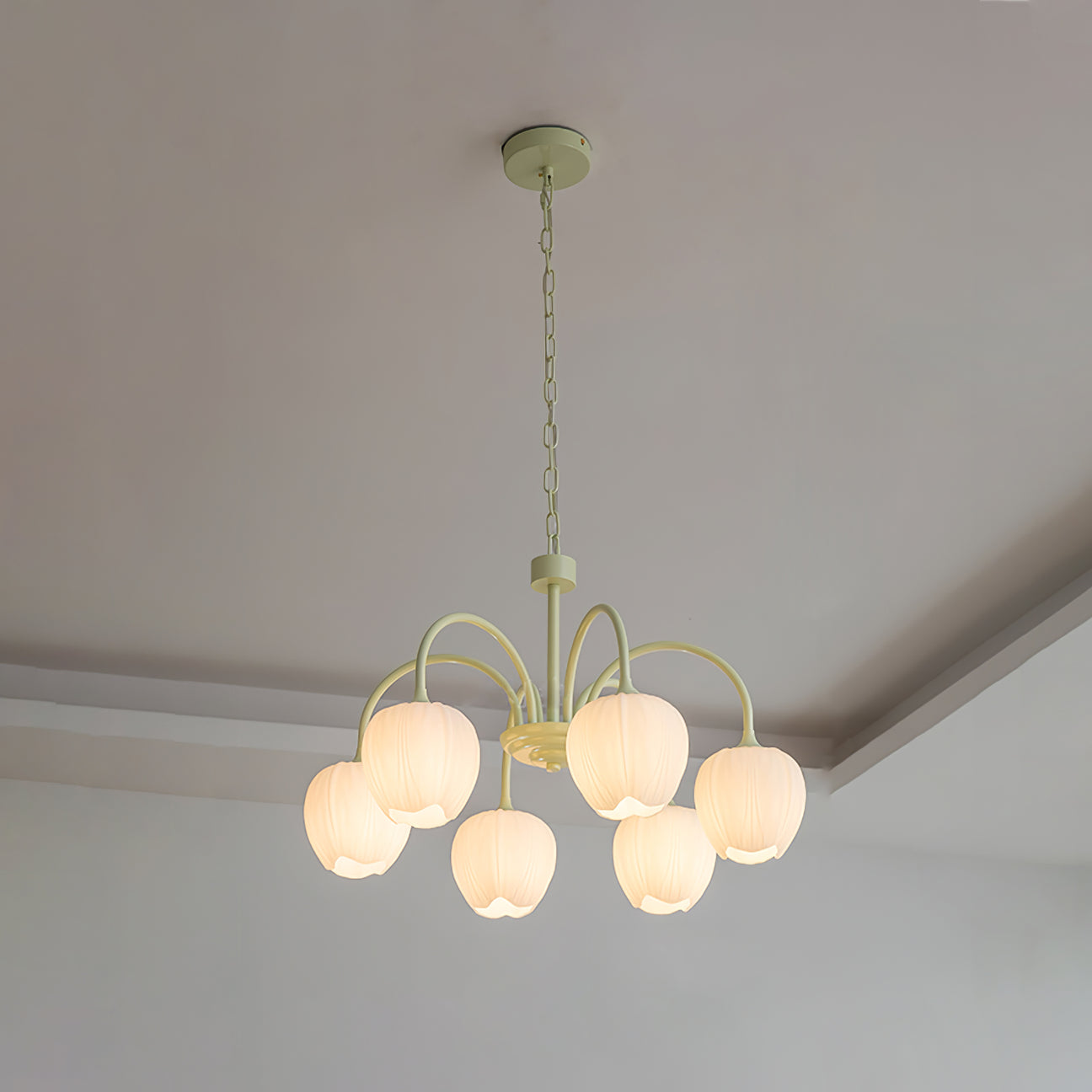 Tulip Matcha Chandelier - Fresh Matcha Green & Creamy White Glass Pendant | Modern Spring Floral Chandelier