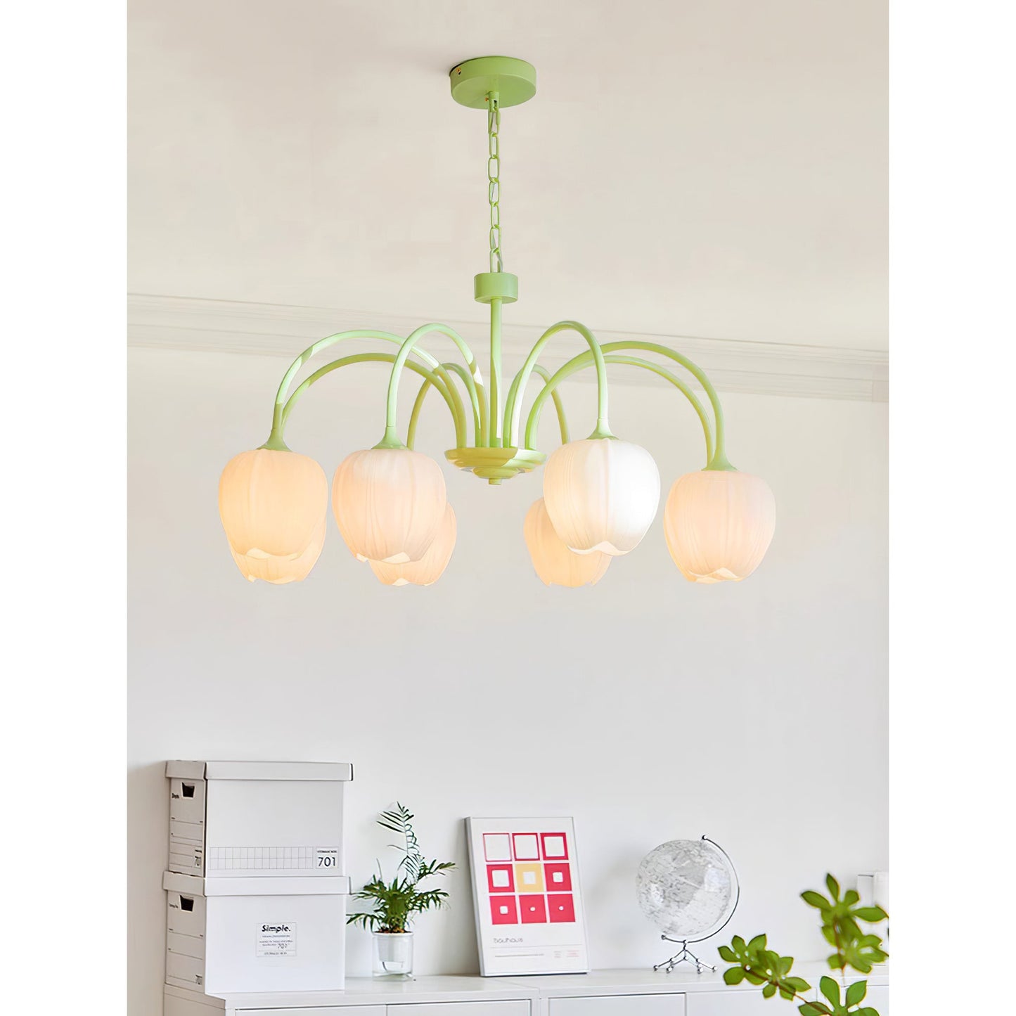 Tulip Matcha Chandelier - Fresh Matcha Green & Creamy White Glass Pendant | Modern Spring Floral Chandelier