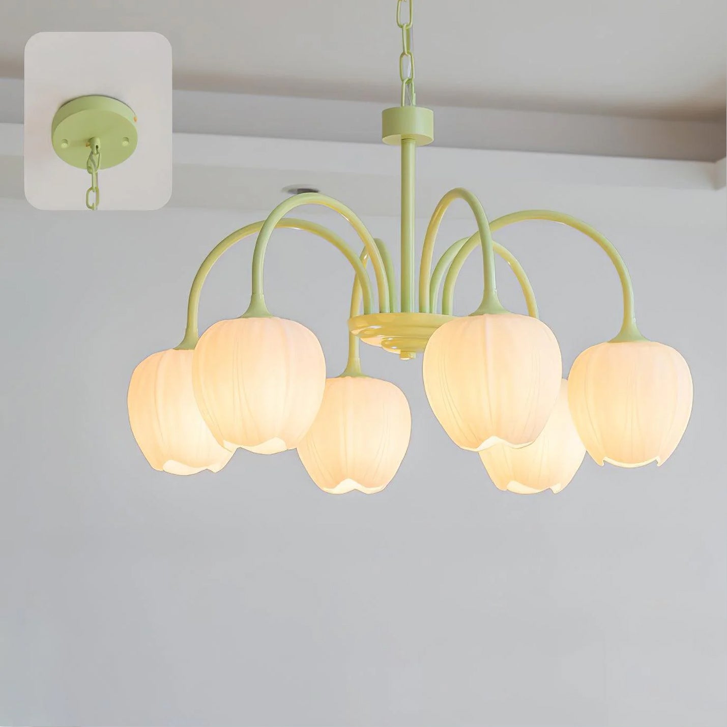 Tulip Matcha Chandelier - Fresh Matcha Green & Creamy White Glass Pendant | Modern Spring Floral Chandelier