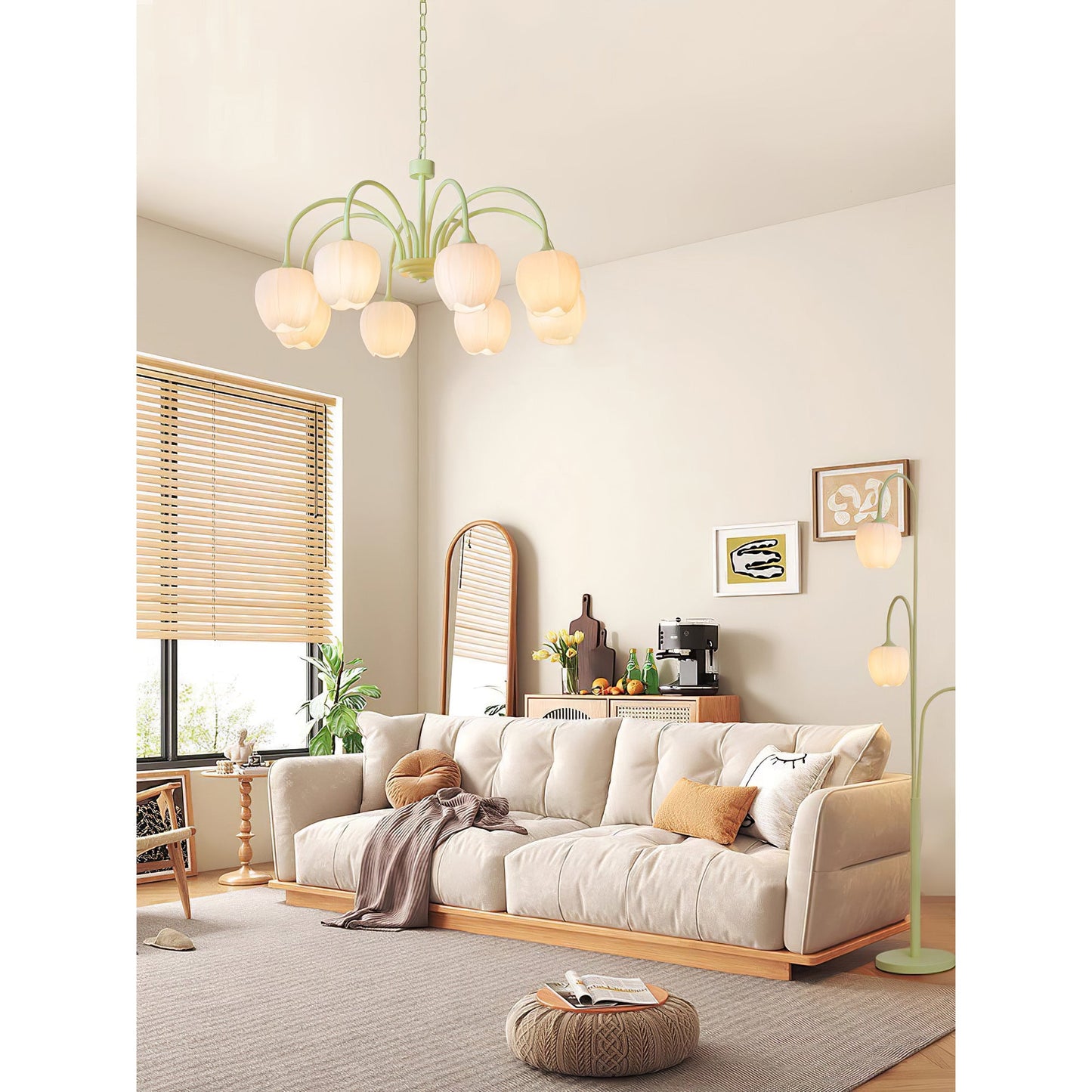 Tulip Matcha Chandelier - Fresh Matcha Green & Creamy White Glass Pendant | Modern Spring Floral Chandelier