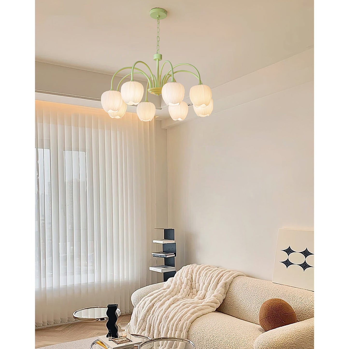 Tulip Matcha Chandelier - Fresh Matcha Green & Creamy White Glass Pendant | Modern Spring Floral Chandelier