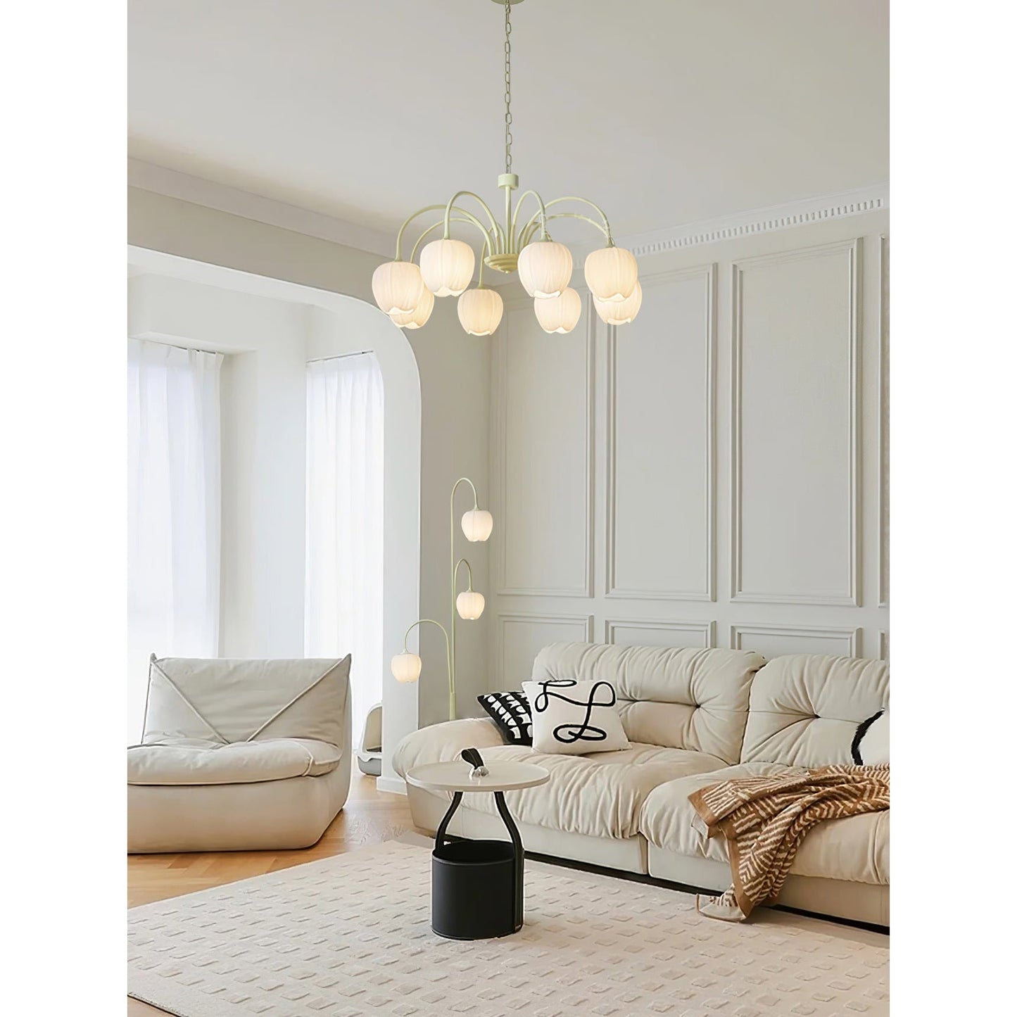 Tulip Matcha Chandelier - Fresh Matcha Green & Creamy White Glass Pendant | Modern Spring Floral Chandelier