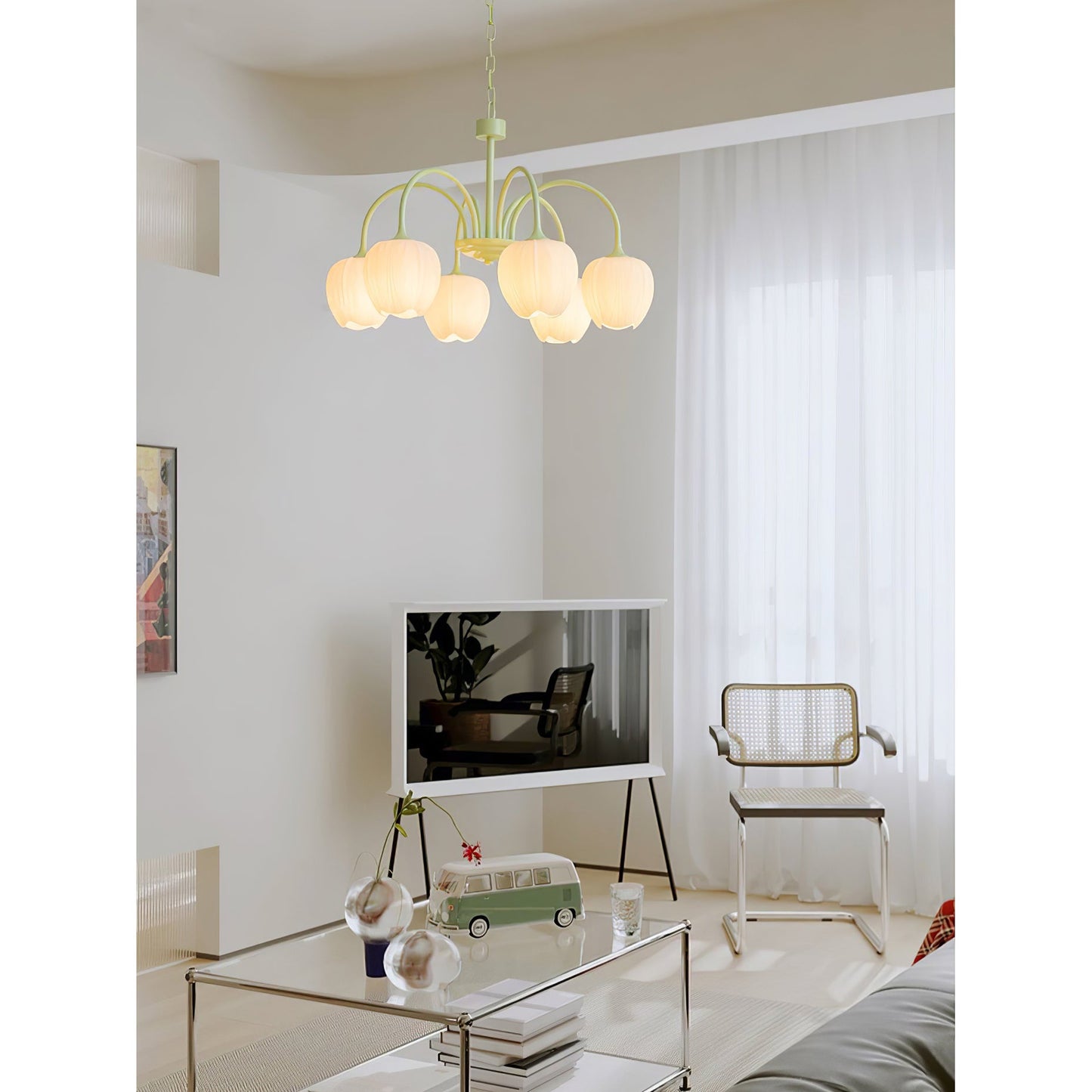 Tulip Matcha Chandelier - Fresh Matcha Green & Creamy White Glass Pendant | Modern Spring Floral Chandelier