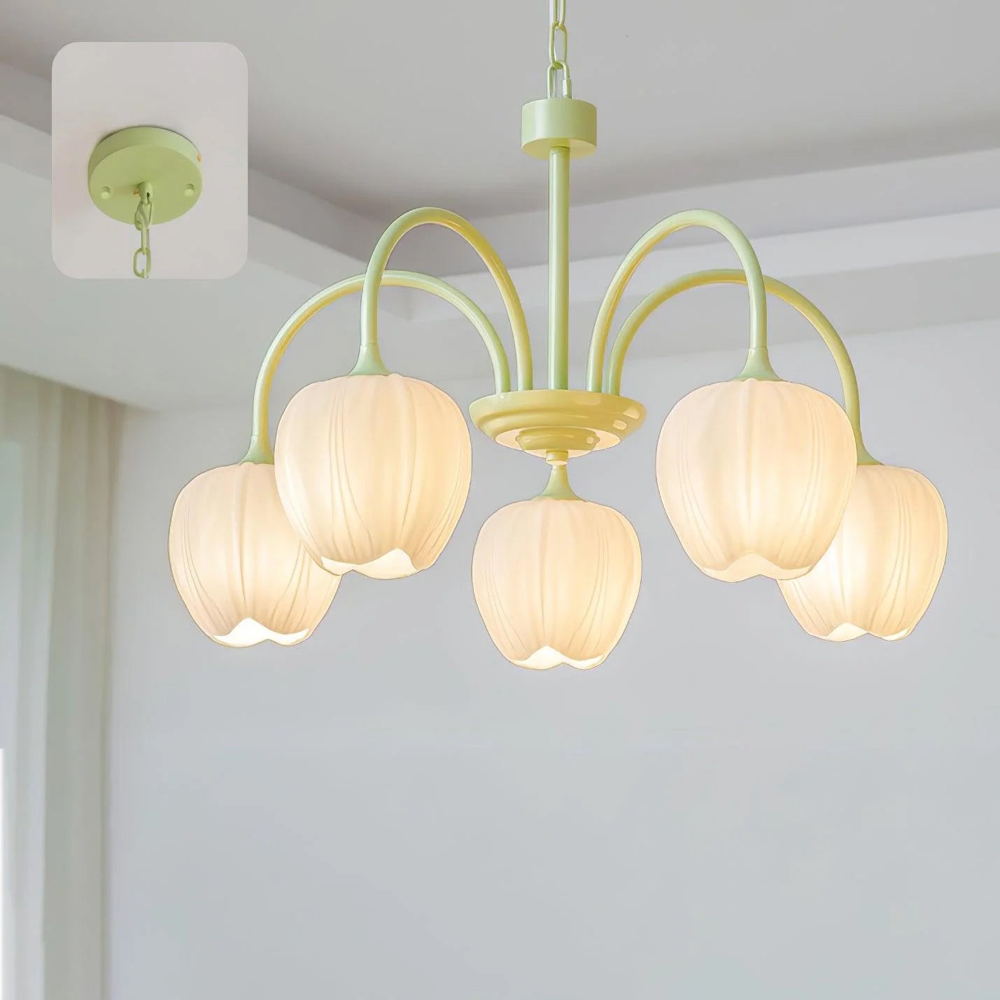 Tulip Matcha Chandelier - Fresh Matcha Green & Creamy White Glass Pendant | Modern Spring Floral Chandelier