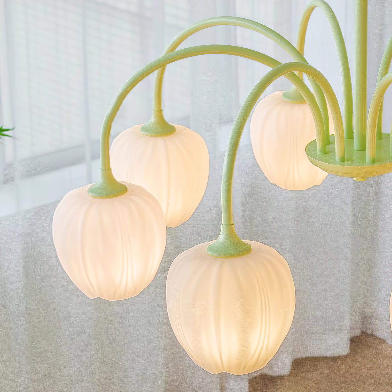Tulip Matcha Chandelier - Fresh Matcha Green & Creamy White Glass Pendant | Modern Spring Floral Chandelier