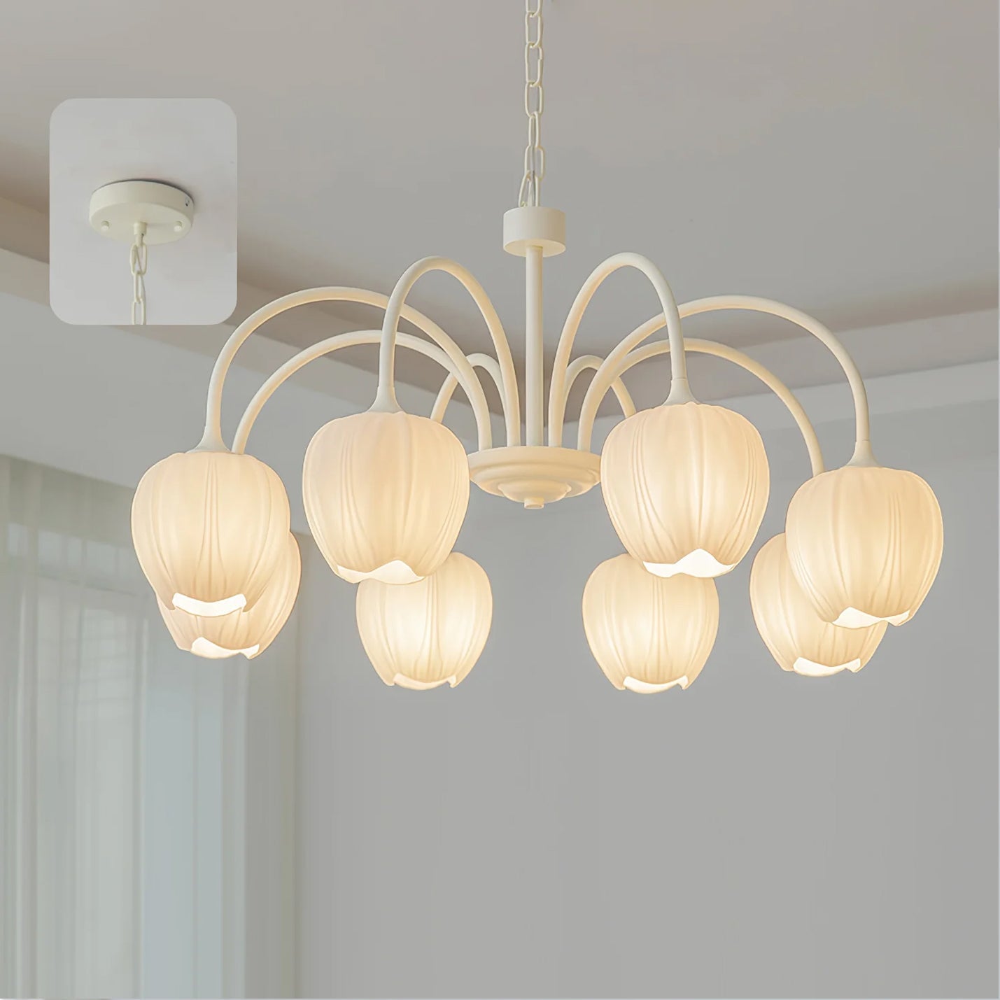Tulip Matcha Chandelier - Fresh Matcha Green & Creamy White Glass Pendant | Modern Spring Floral Chandelier