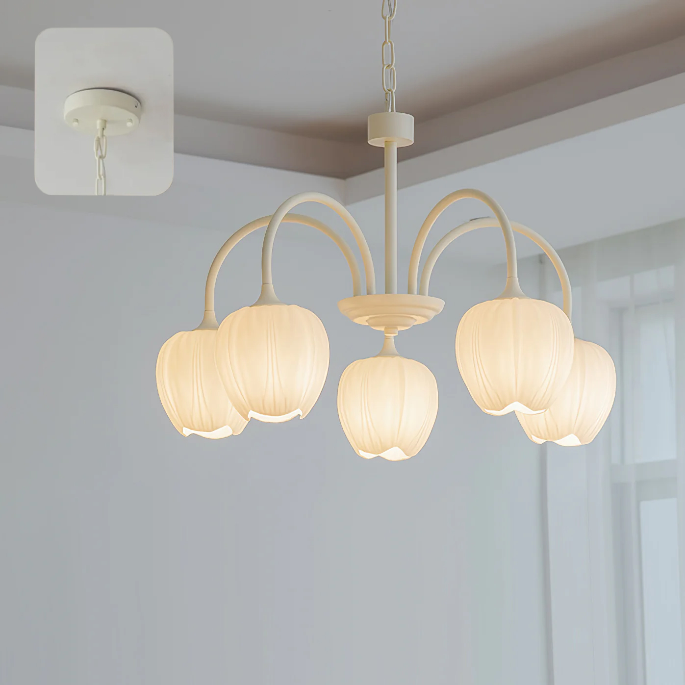 Tulip Matcha Chandelier - Fresh Matcha Green & Creamy White Glass Pendant | Modern Spring Floral Chandelier