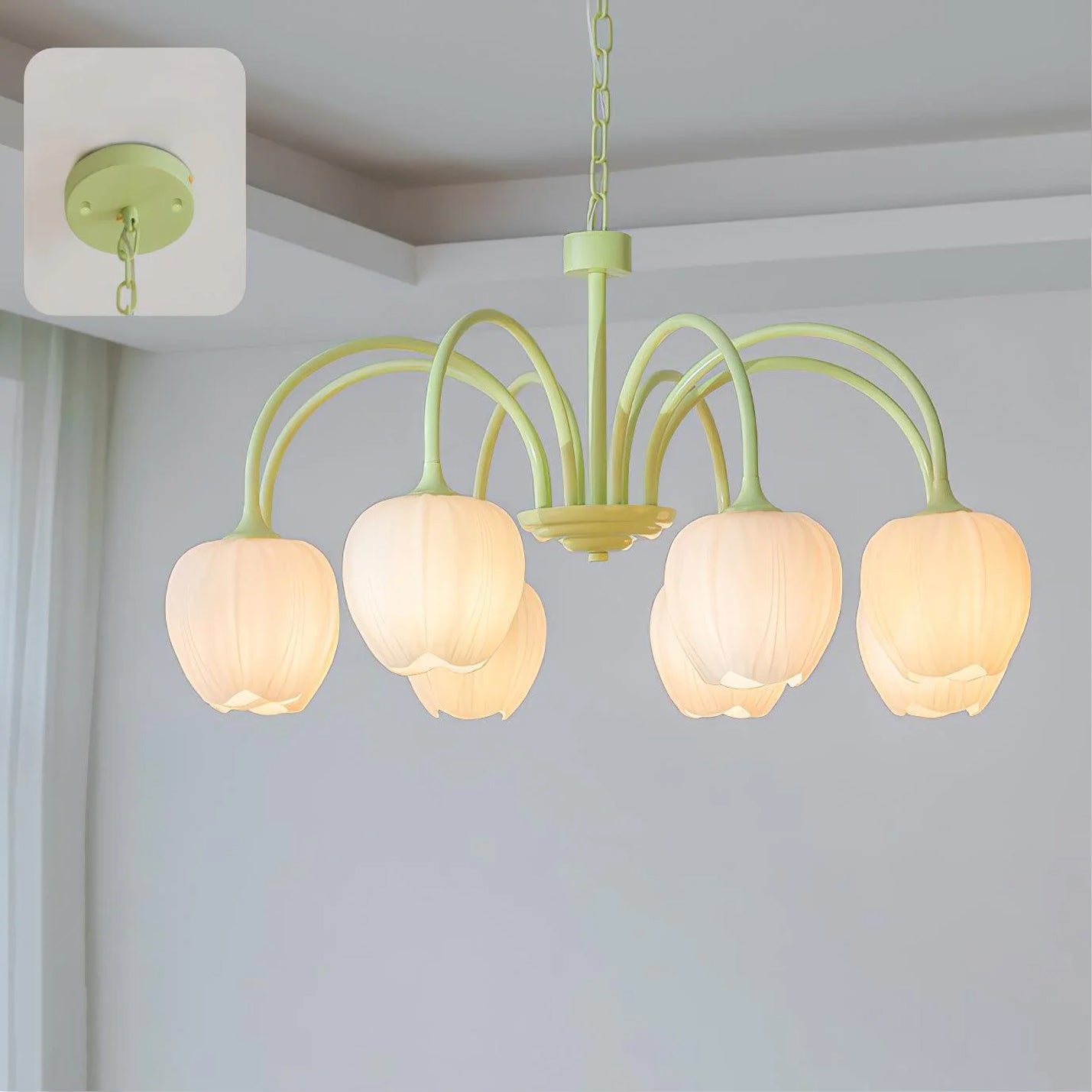 Tulip Matcha Chandelier - Fresh Matcha Green & Creamy White Glass Pendant | Modern Spring Floral Chandelier