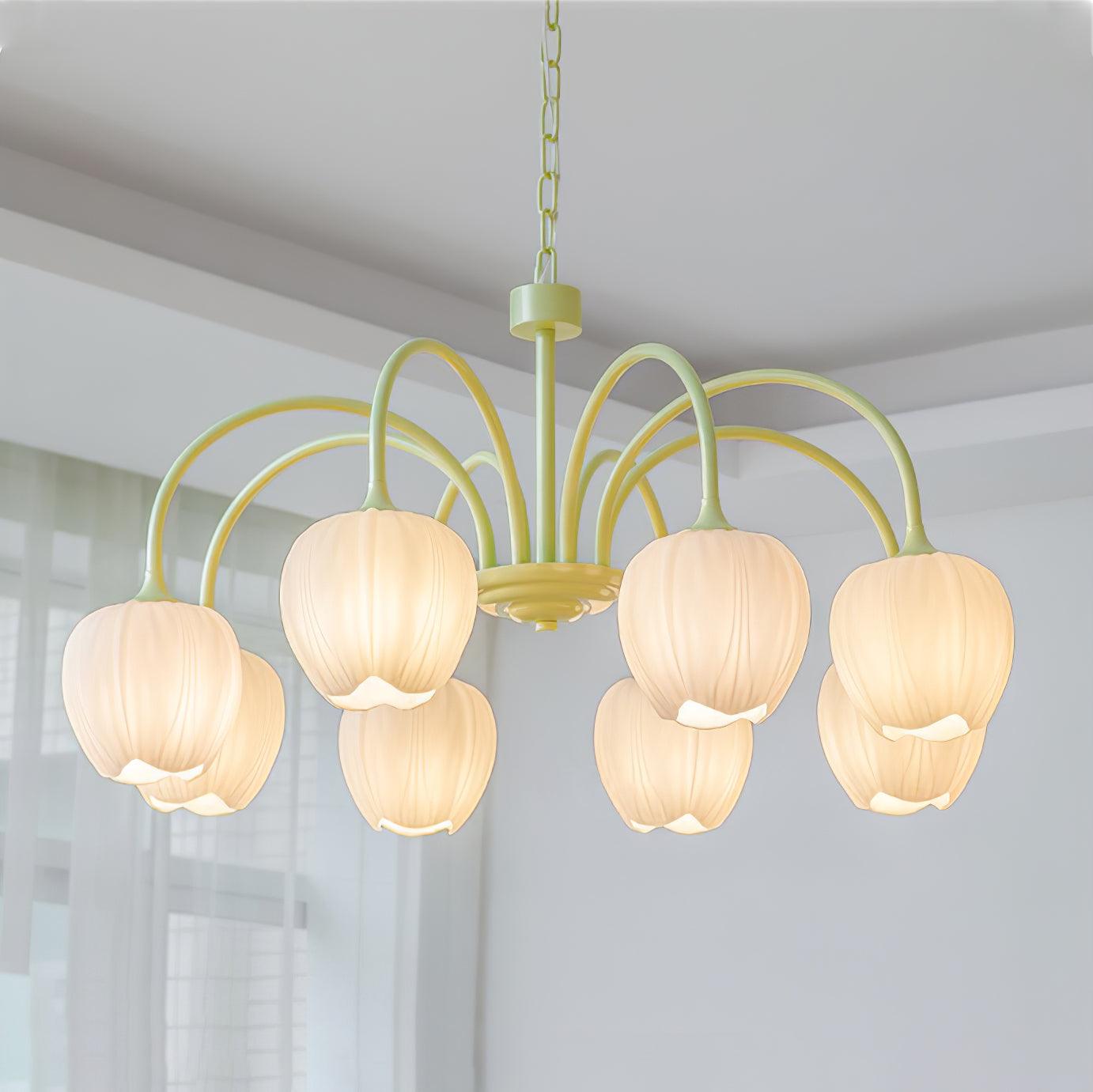 Tulip Matcha Chandelier - Fresh Matcha Green & Creamy White Glass Pendant | Modern Spring Floral Chandelier