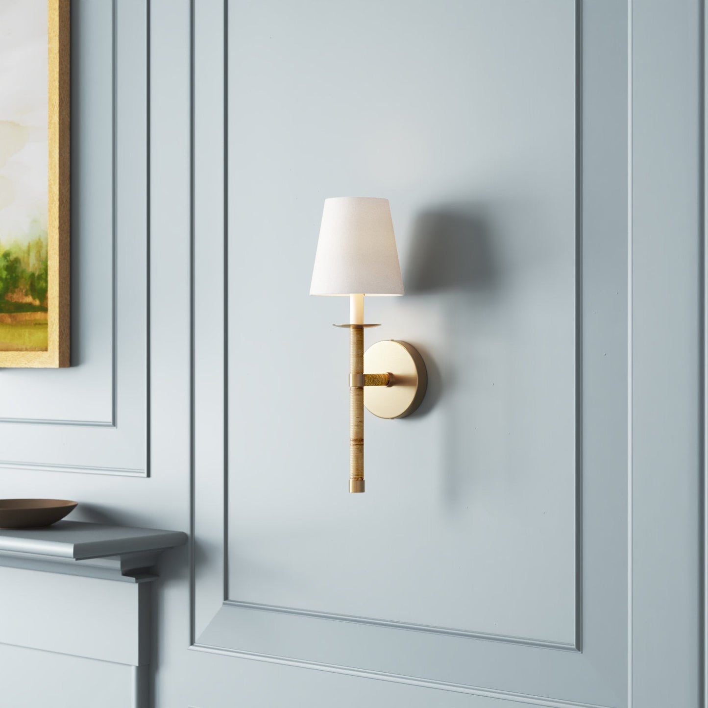 Tulum Wall Lamp - Handwrapped Rattan & Matte Brass Sconce | Boho Chic Fabric Shade Wall Light