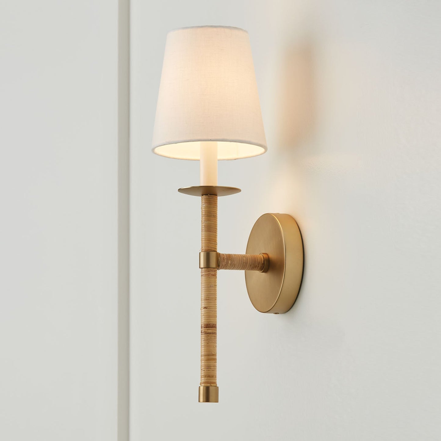 Tulum Wall Lamp - Handwrapped Rattan & Matte Brass Sconce | Boho Chic Fabric Shade Wall Light