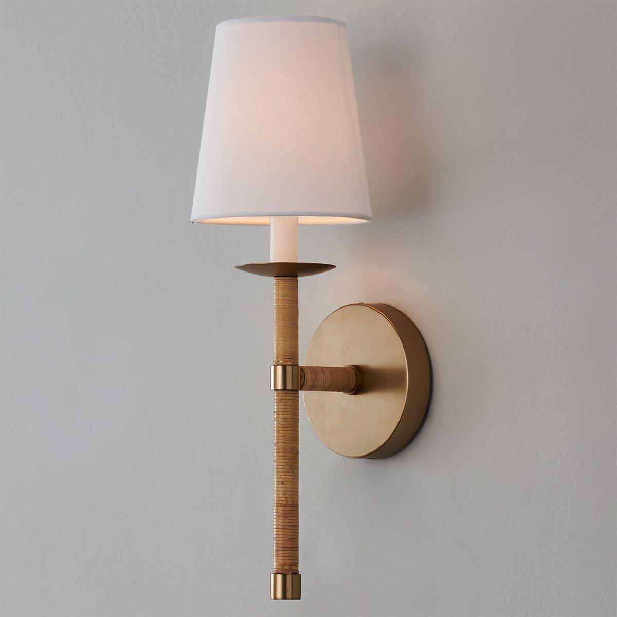 Tulum Wall Lamp - Handwrapped Rattan & Matte Brass Sconce | Boho Chic Fabric Shade Wall Light