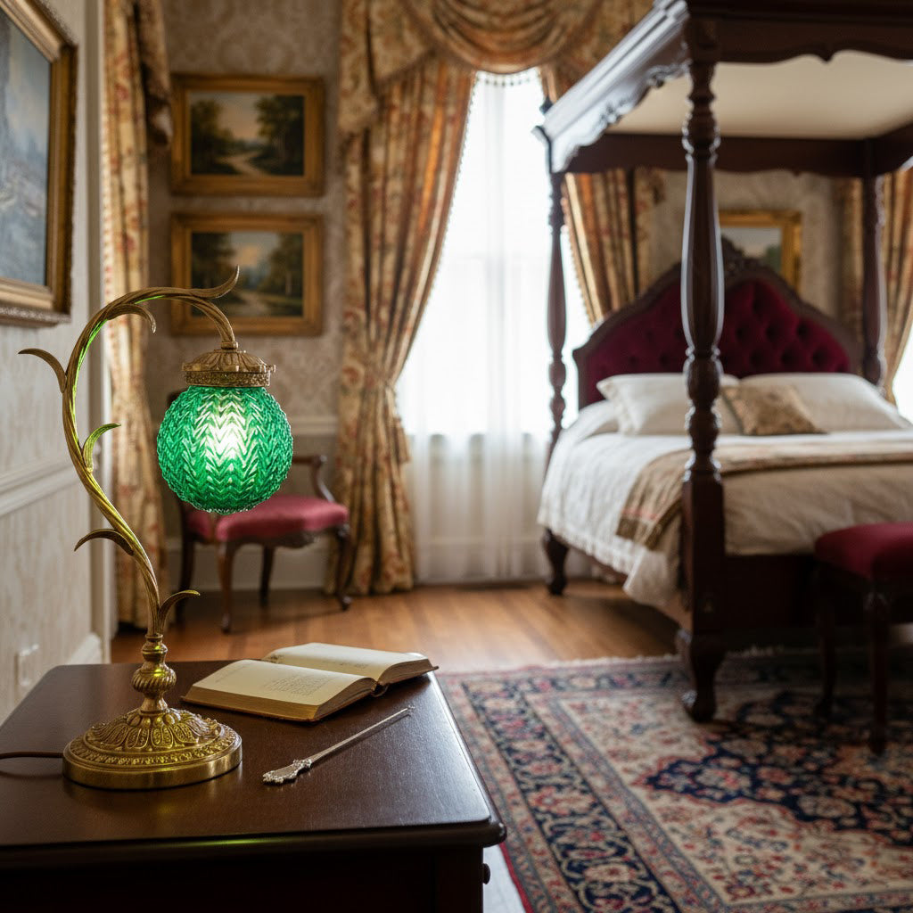 Turco Table Lamp - Polished Brass & Emerald Green Glass Desk Lamp | Vintage Luxury Bedside Accent Light
