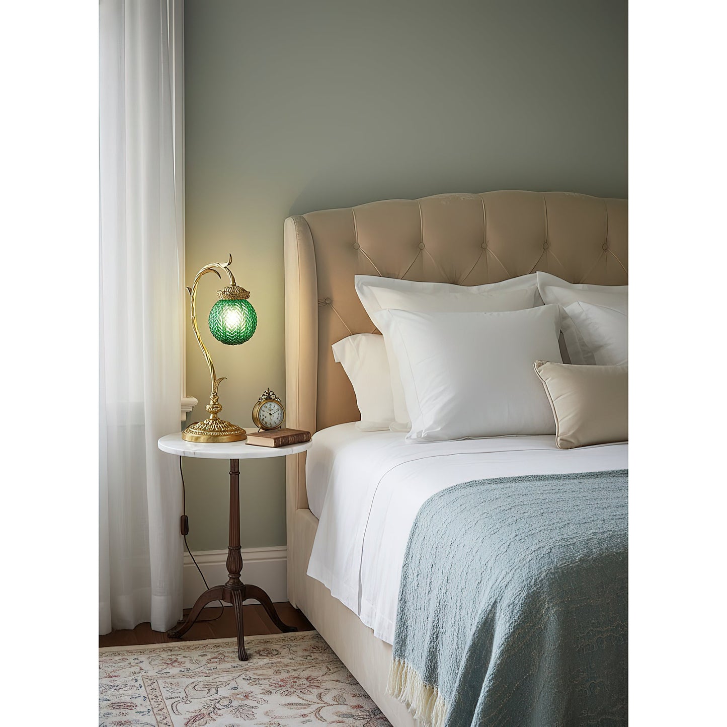 Turco Table Lamp - Polished Brass & Emerald Green Glass Desk Lamp | Vintage Luxury Bedside Accent Light