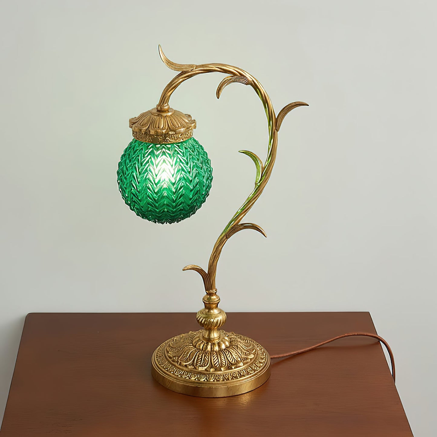 Turco Table Lamp - Polished Brass & Emerald Green Glass Desk Lamp | Vintage Luxury Bedside Accent Light