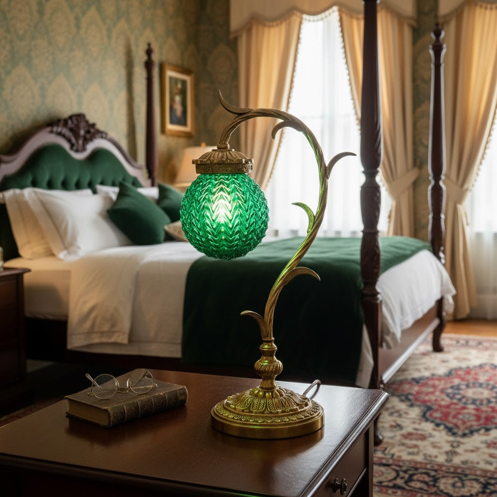 Turco Table Lamp - Polished Brass & Emerald Green Glass Desk Lamp | Vintage Luxury Bedside Accent Light