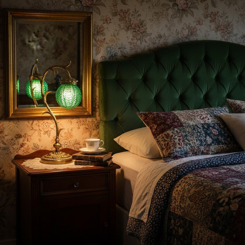 Turco Table Lamp - Polished Brass & Emerald Green Glass Desk Lamp | Vintage Luxury Bedside Accent Light