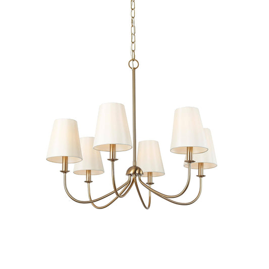 Turnbull Chandelier - 6-Light Polished Brass & White Fabric Shade Pendant Light | Modern Transitional Dining Light