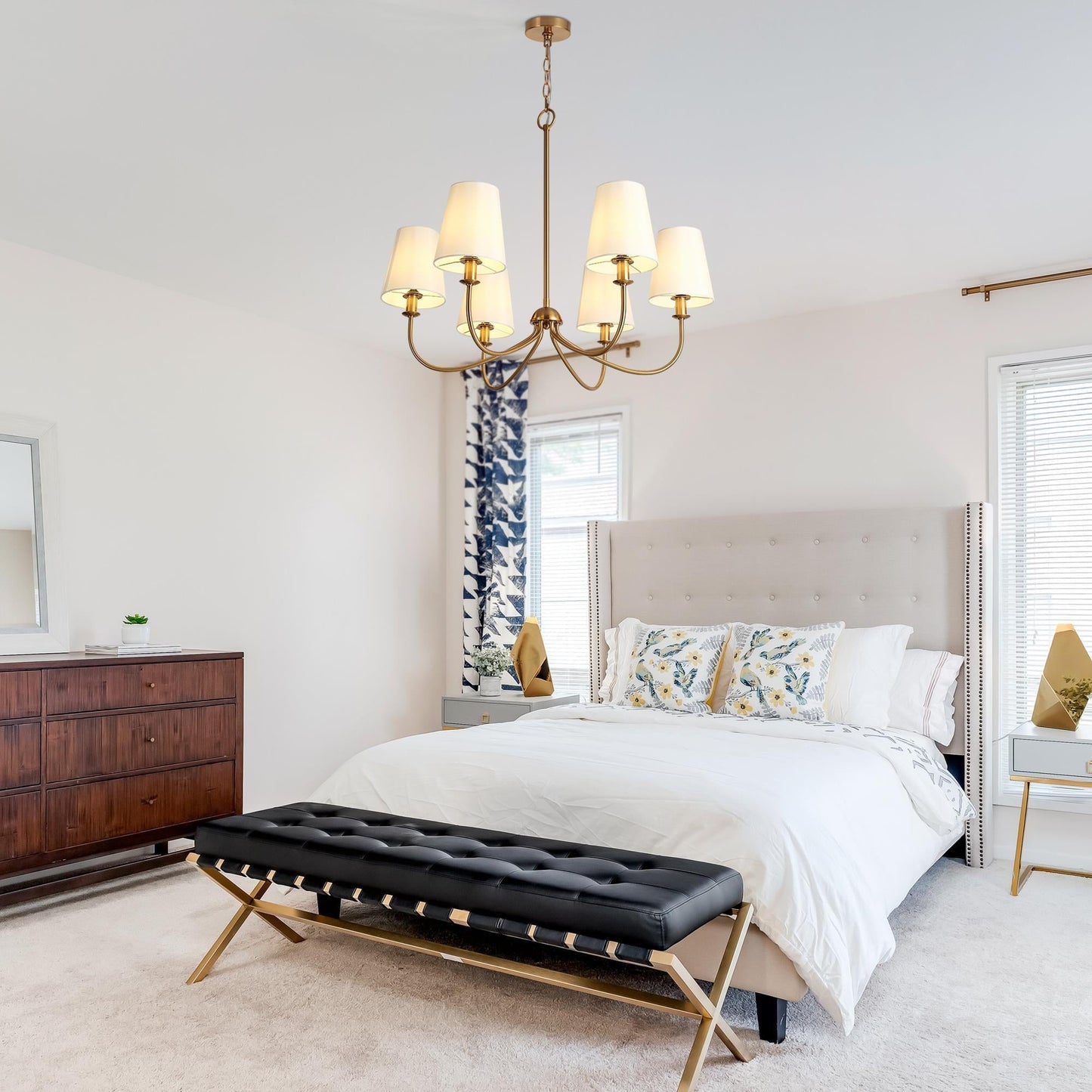 Turnbull Chandelier - 6-Light Polished Brass & White Fabric Shade Pendant Light | Modern Transitional Dining Light