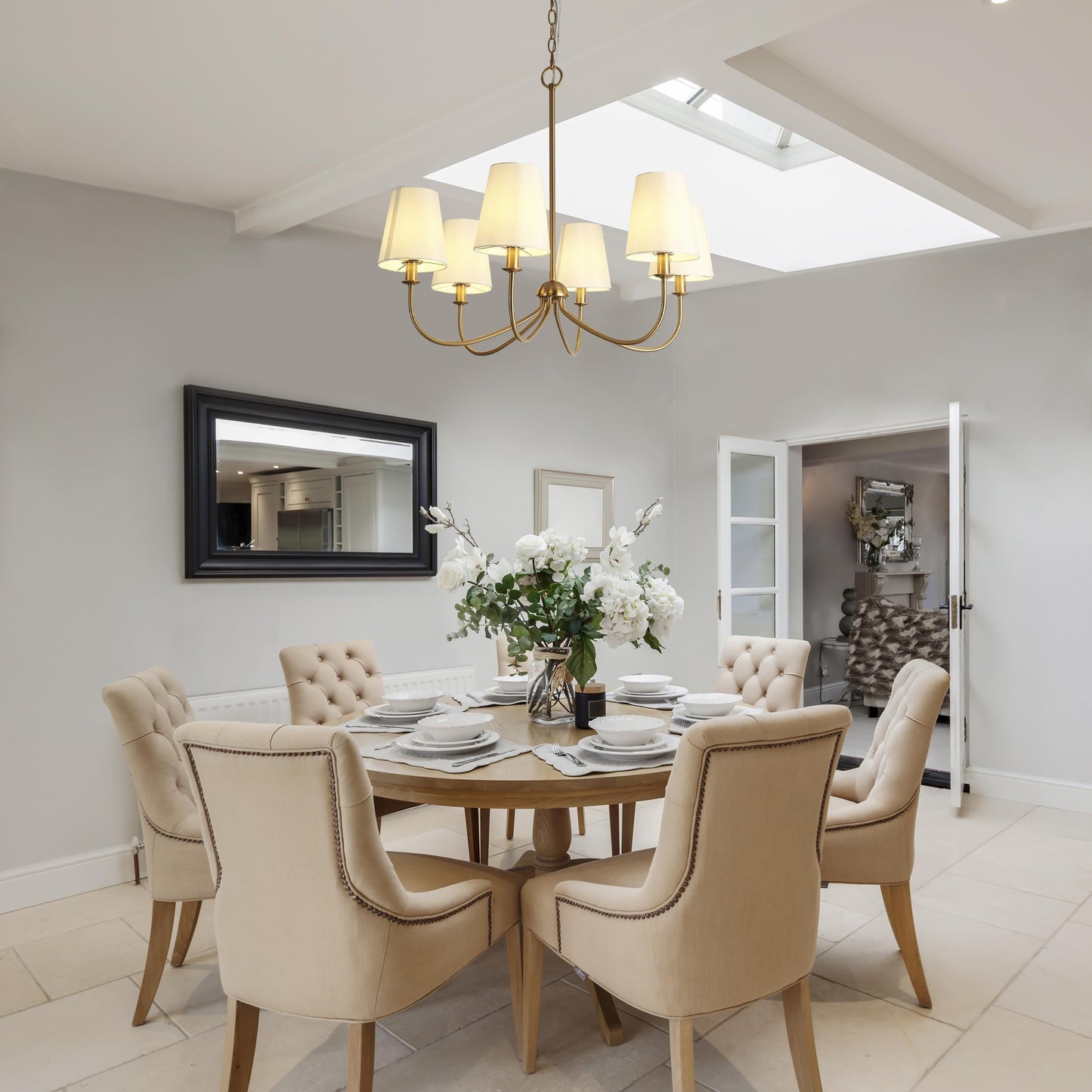 Turnbull Chandelier - 6-Light Polished Brass & White Fabric Shade Pendant Light | Modern Transitional Dining Light