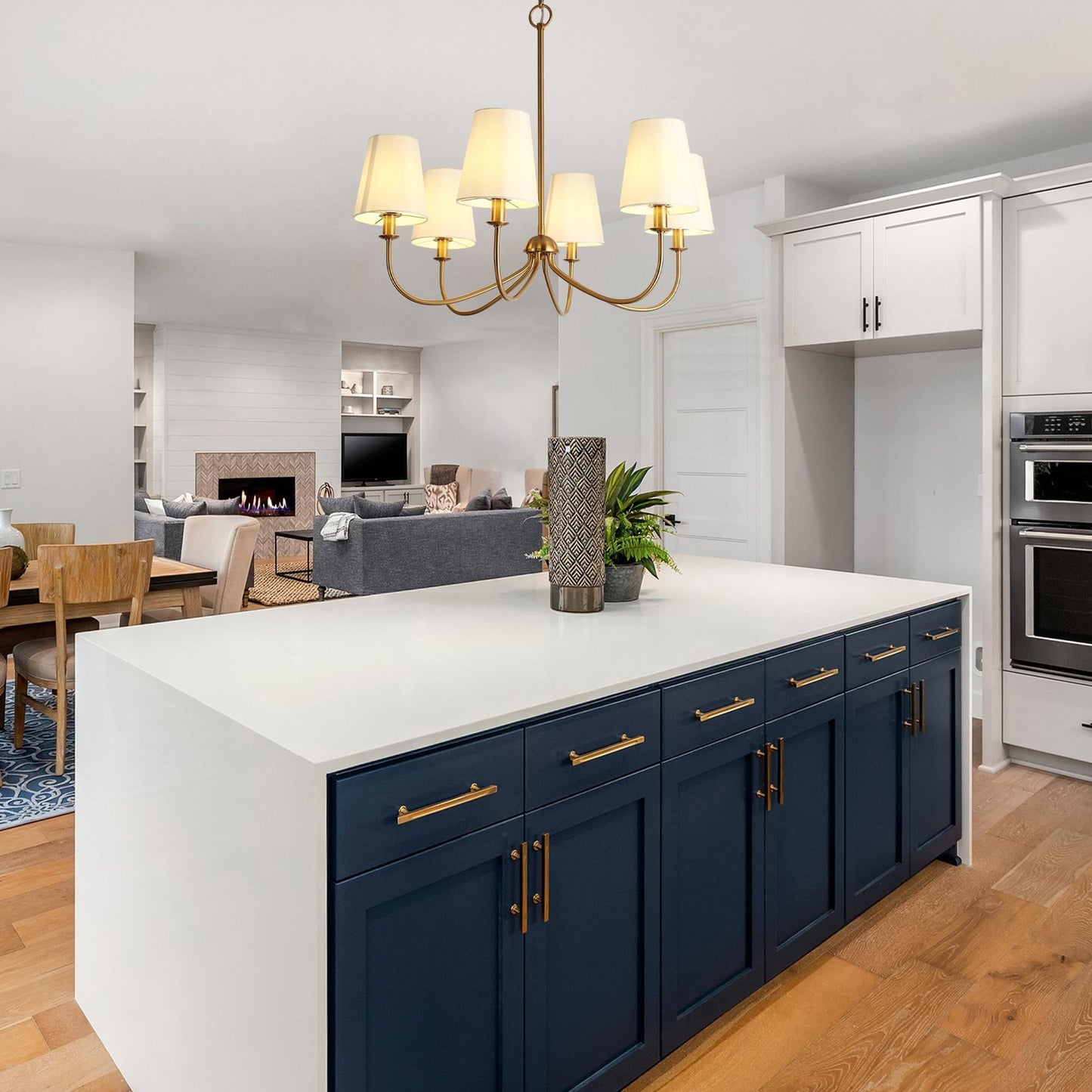 Turnbull Chandelier - 6-Light Polished Brass & White Fabric Shade Pendant Light | Modern Transitional Dining Light
