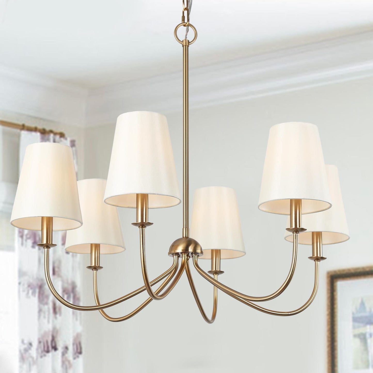 Turnbull Chandelier - 6-Light Polished Brass & White Fabric Shade Pendant Light | Modern Transitional Dining Light