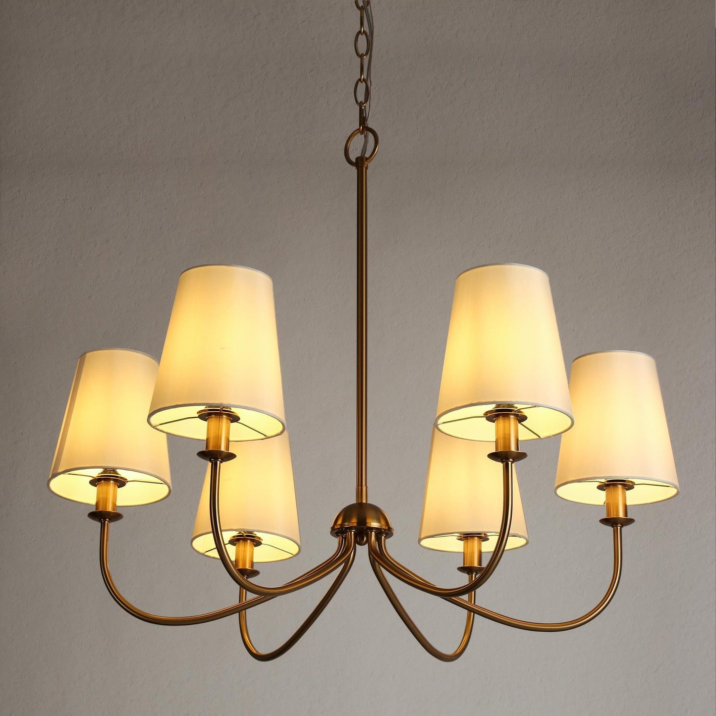 Turnbull Chandelier - 6-Light Polished Brass & White Fabric Shade Pendant Light | Modern Transitional Dining Light