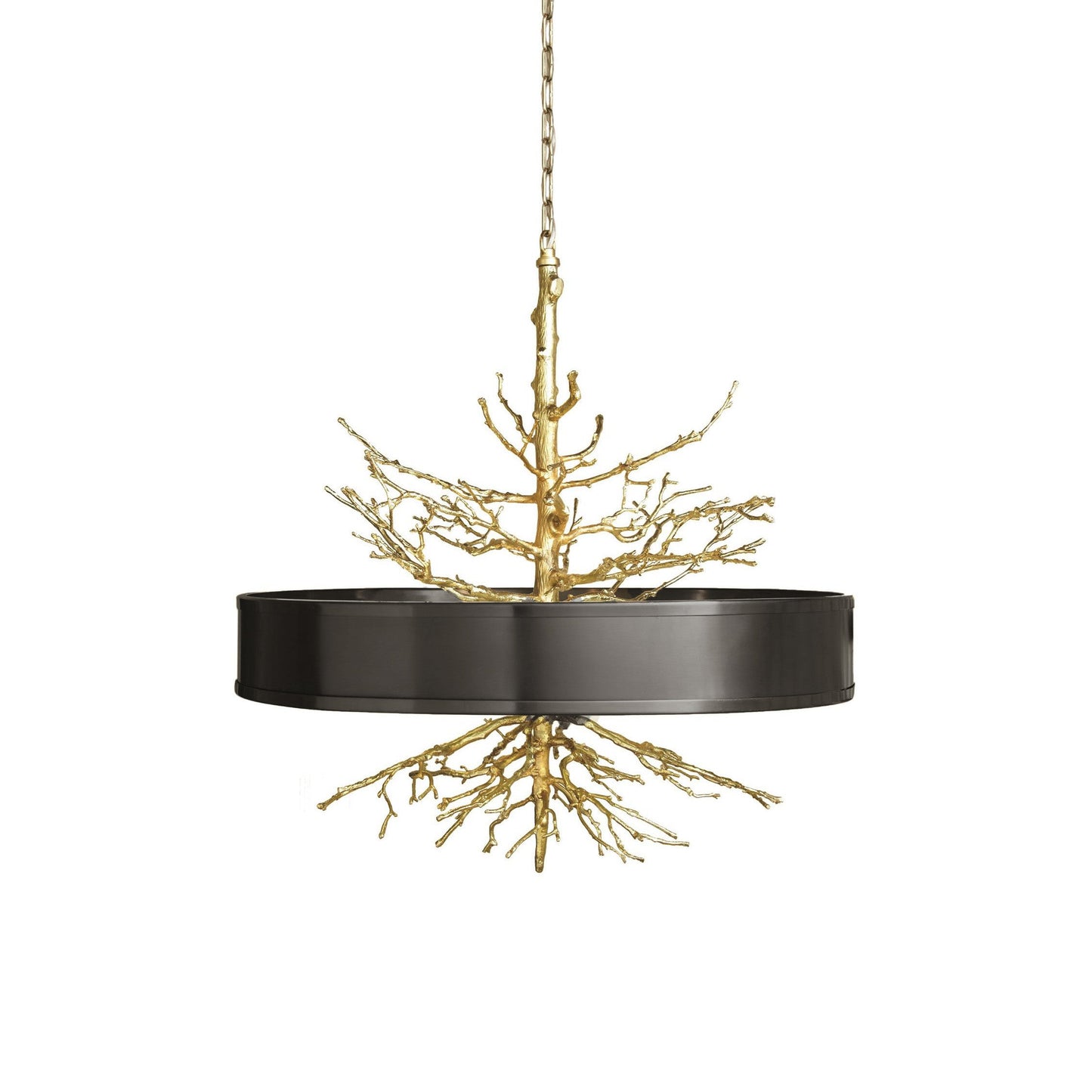Twig Brass Chandelier - Hand-Cast Brass Tree Branch Pendant | Black Shade & Frosted Diffuser Light