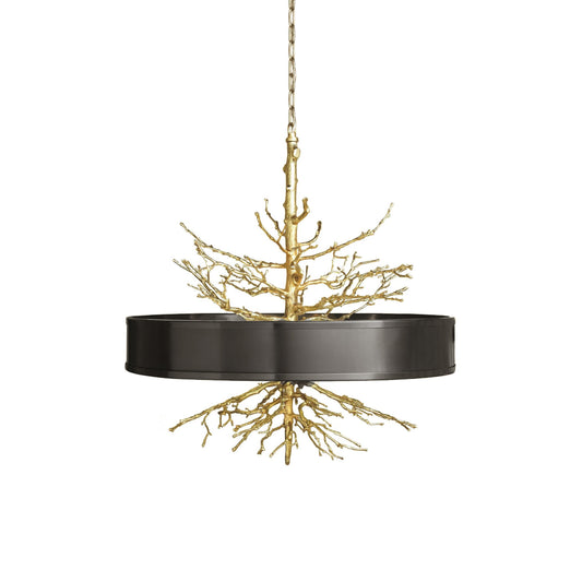 Twig Brass Chandelier - Hand-Cast Brass Tree Branch Pendant | Black Shade & Frosted Diffuser Light